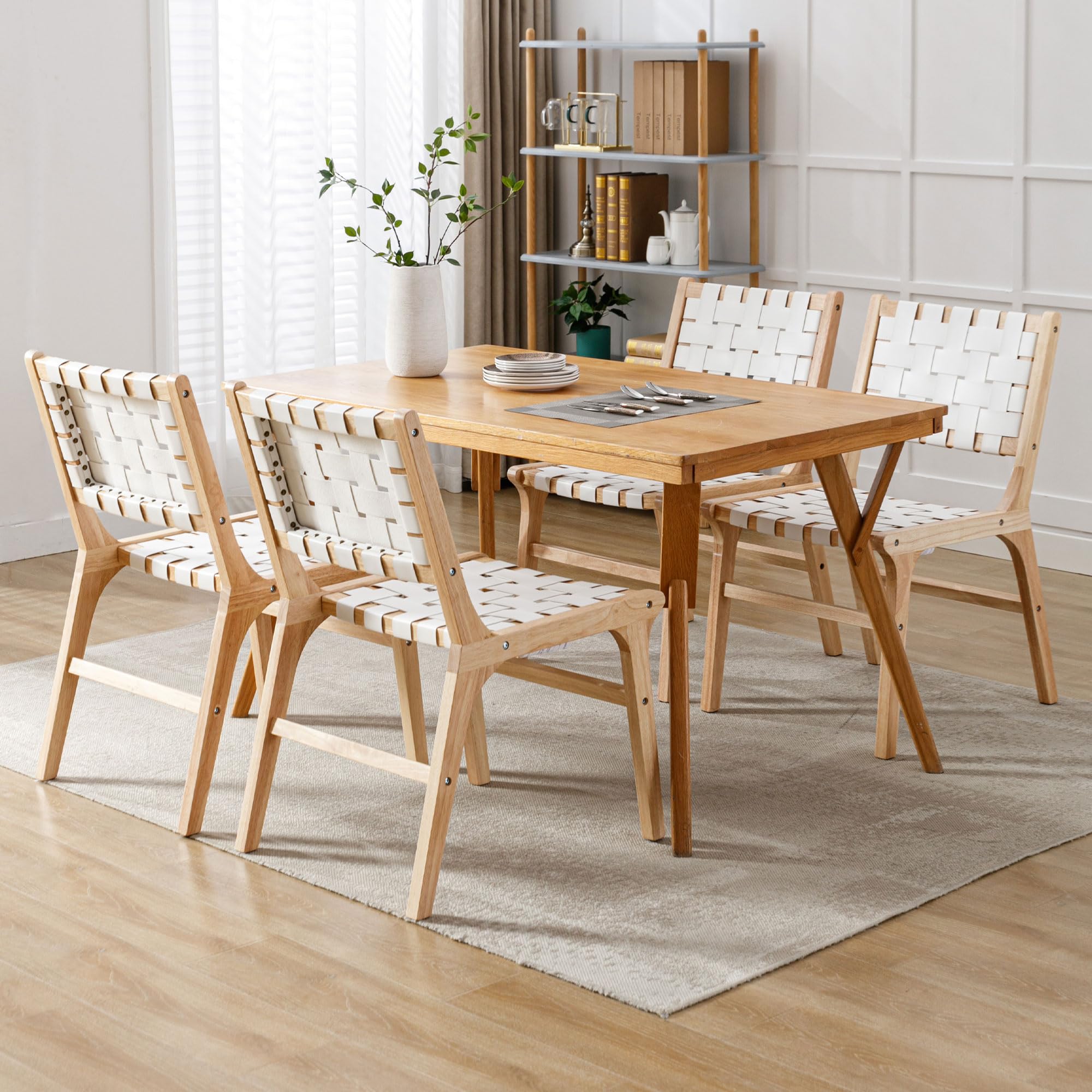 Dm Furniture Modern Dining Chairs Set Of 4 Farmhouse Kitchen Chairs Faux Leather Dining Room Chairs Wood, Woven Strips Side Chai