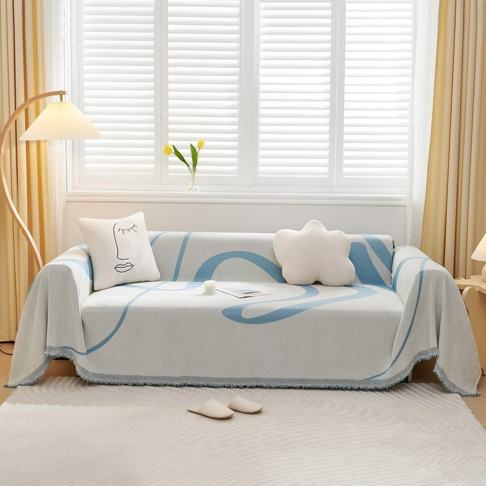 Vclife Modern Couch Cover Pet-Friendly Chenille Sofa Slipcover For 3-4 Cushion Couch Sofa, Simple Chic White Blue Stripe Jacquar