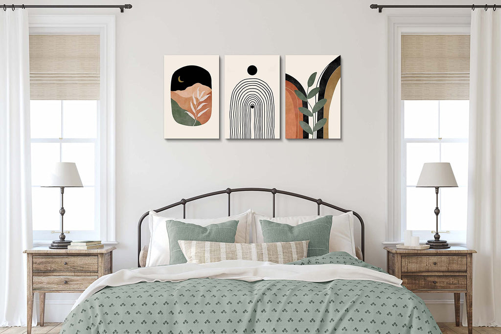 Boho Wall Art Prints Set Of 3, Boho Wall Decor, Mid Century Modern Prints Sun Moon Leaf Mountain Canvas Wall Painting, Neutral A