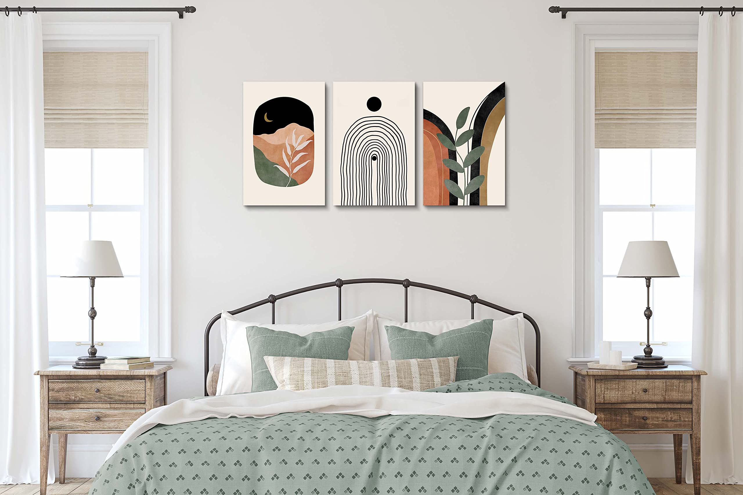Boho Wall Art Prints Set Of 3, Boho Wall Decor, Mid Century Modern Prints Sun Moon Leaf Mountain Canvas Wall Painting, Neutral A