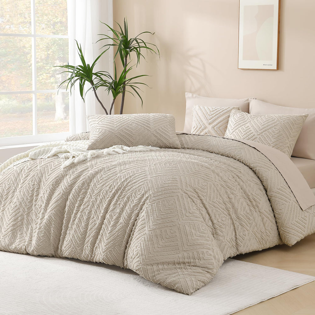 Andency Oatmeal Comforter California King Size, 3 Pieces Boho Bedding Set & Collections, Farmhouse Tufted Fluffy Bedding Comforter Sets For All Seasons (1 Comforter 104X96In, 2 Pillowcases)
