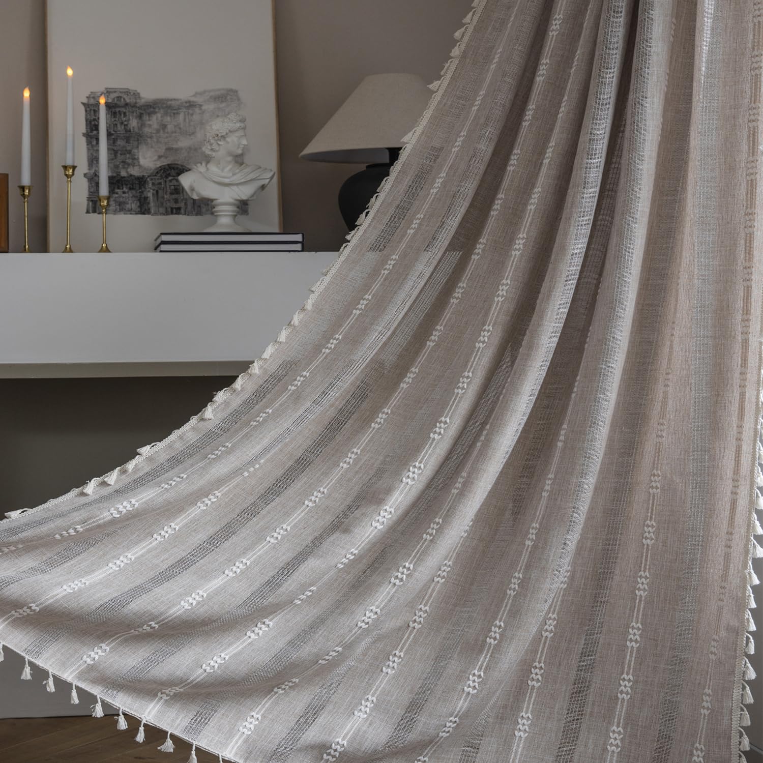 Colorbird Linen Curtains 84 Inch Length 2 Panels, Striped Farmhouse Curtains For Living Room, Embroidered Boho Curtains For Bedr