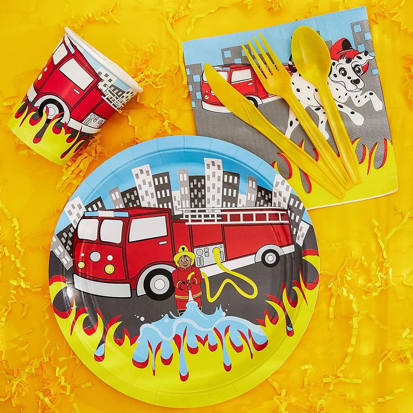 Blue Panda - Firetruck Birthday Party Decorations, Paper Plates, Napkins, Cups And Plastic Cutlery (Serves 24, 144 Pieces)