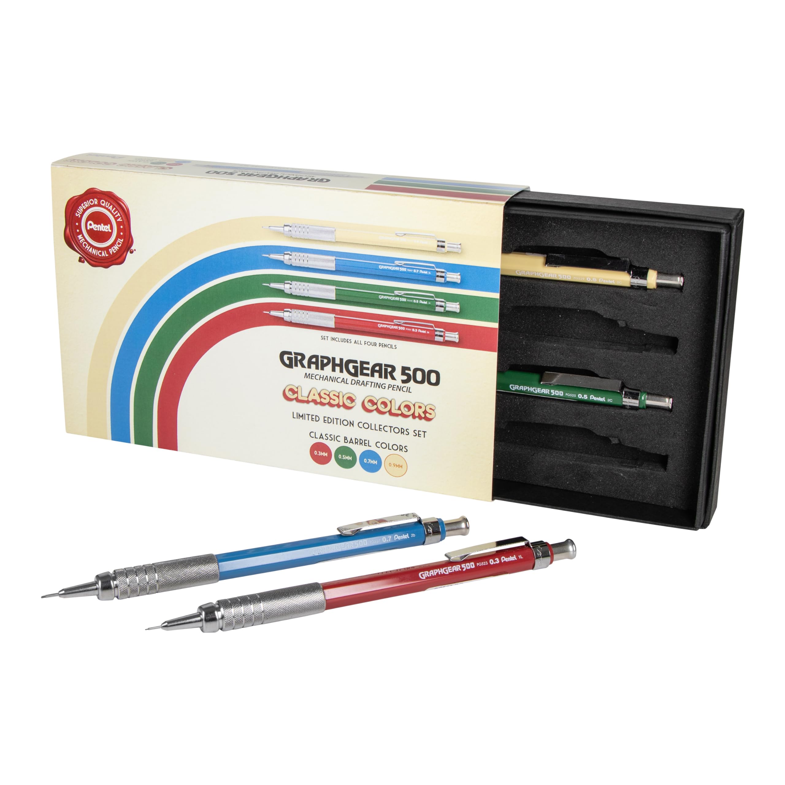 Pentel Graphgear 500 Limited Edition Mechanical Pencil, Classic Colors Box Set, 0.3, 0.5, 0.7, 0.9Mm Point Sizes Included, Box O
