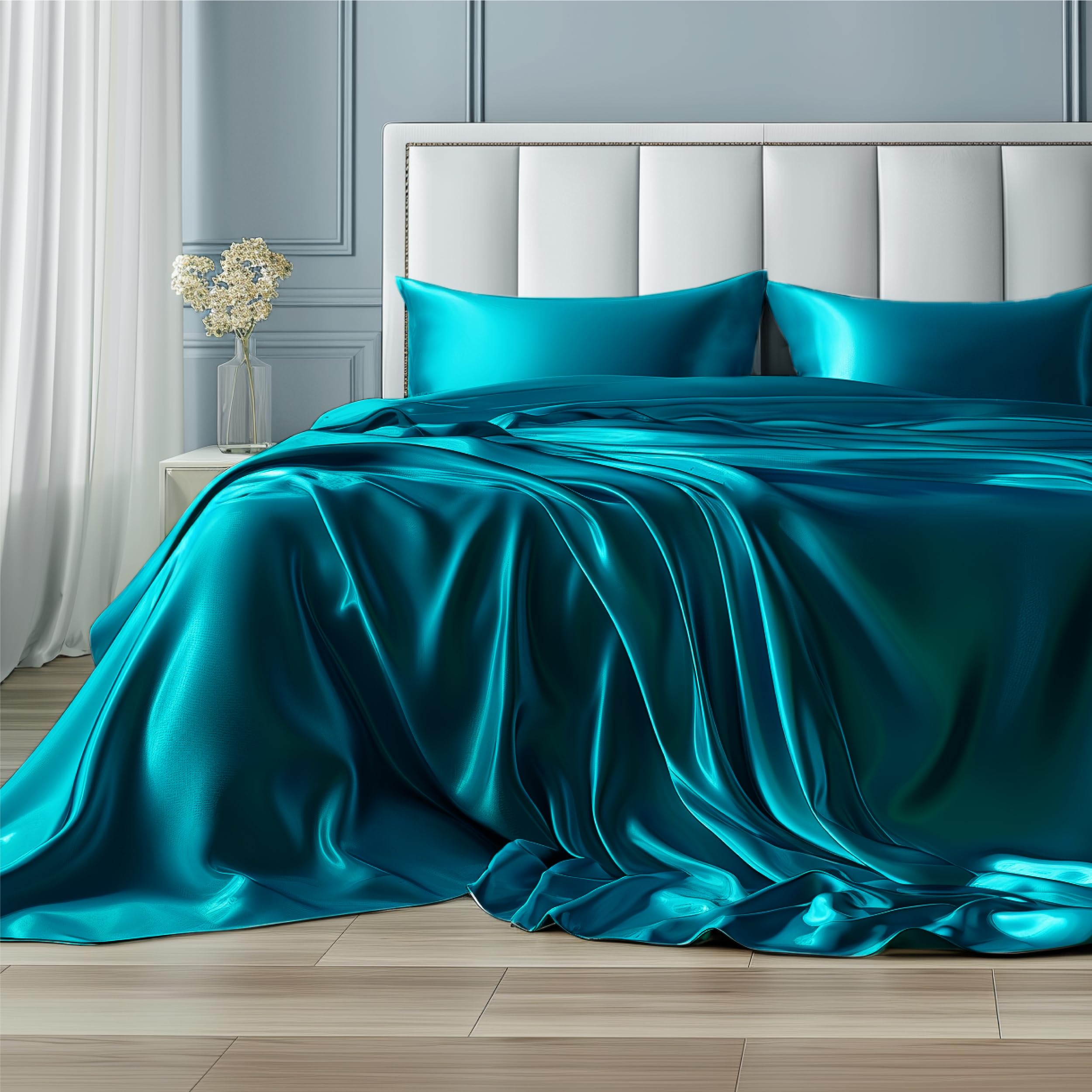 Bedsure Satin Sheets Queen Size - Similar To Silk Sheets, Silky Bedsheet, Luxury & Ultra Soft, Non-Fading & Wrinkle Free, Good For Hair & Skin, Gifts For Women, 4 Pieces, Teal