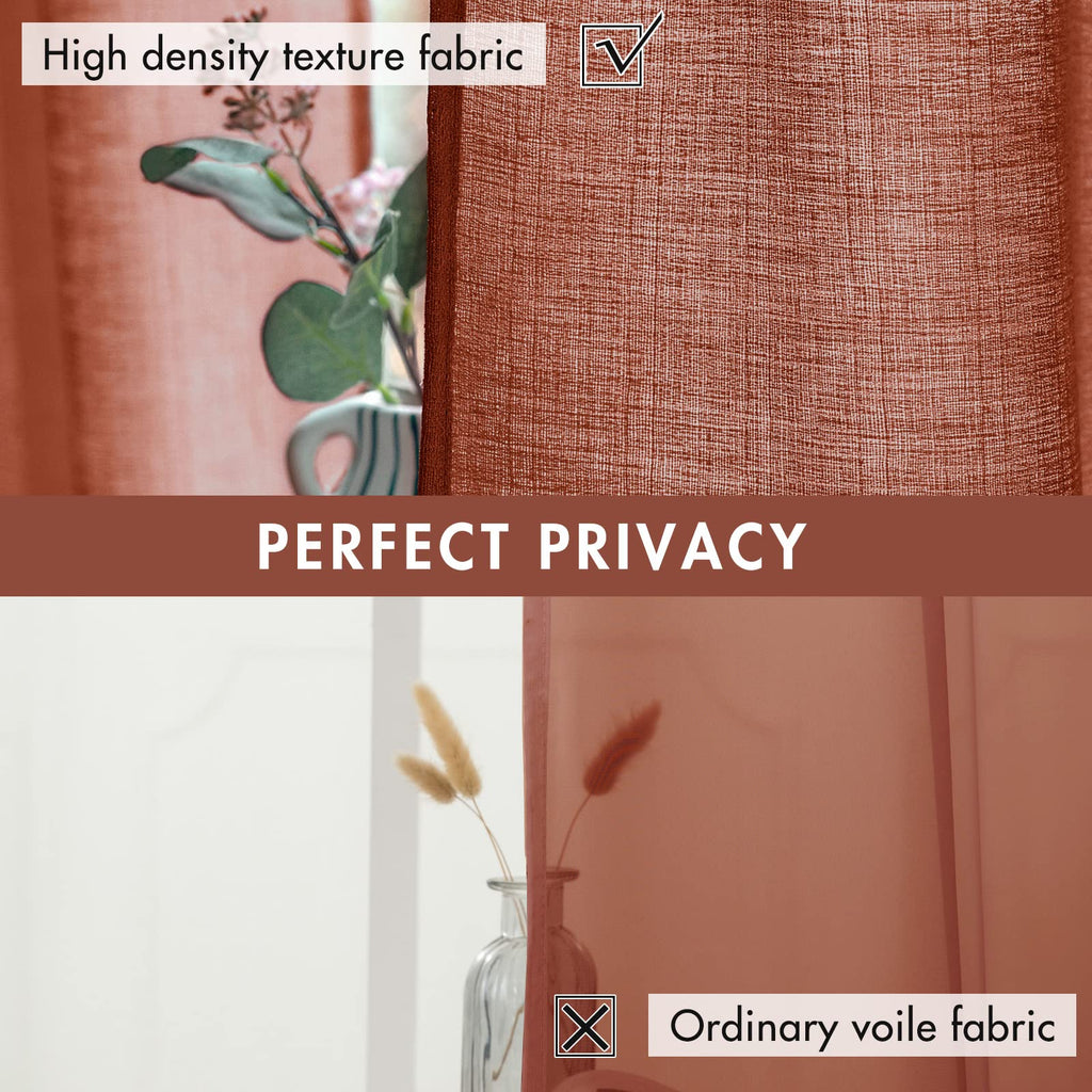 Miulee Burnt Orange Faux Linen Semi Sheer Curtains 2 Panels For Living Room Bedroom Textured Light Filtering Privacy Window Curt