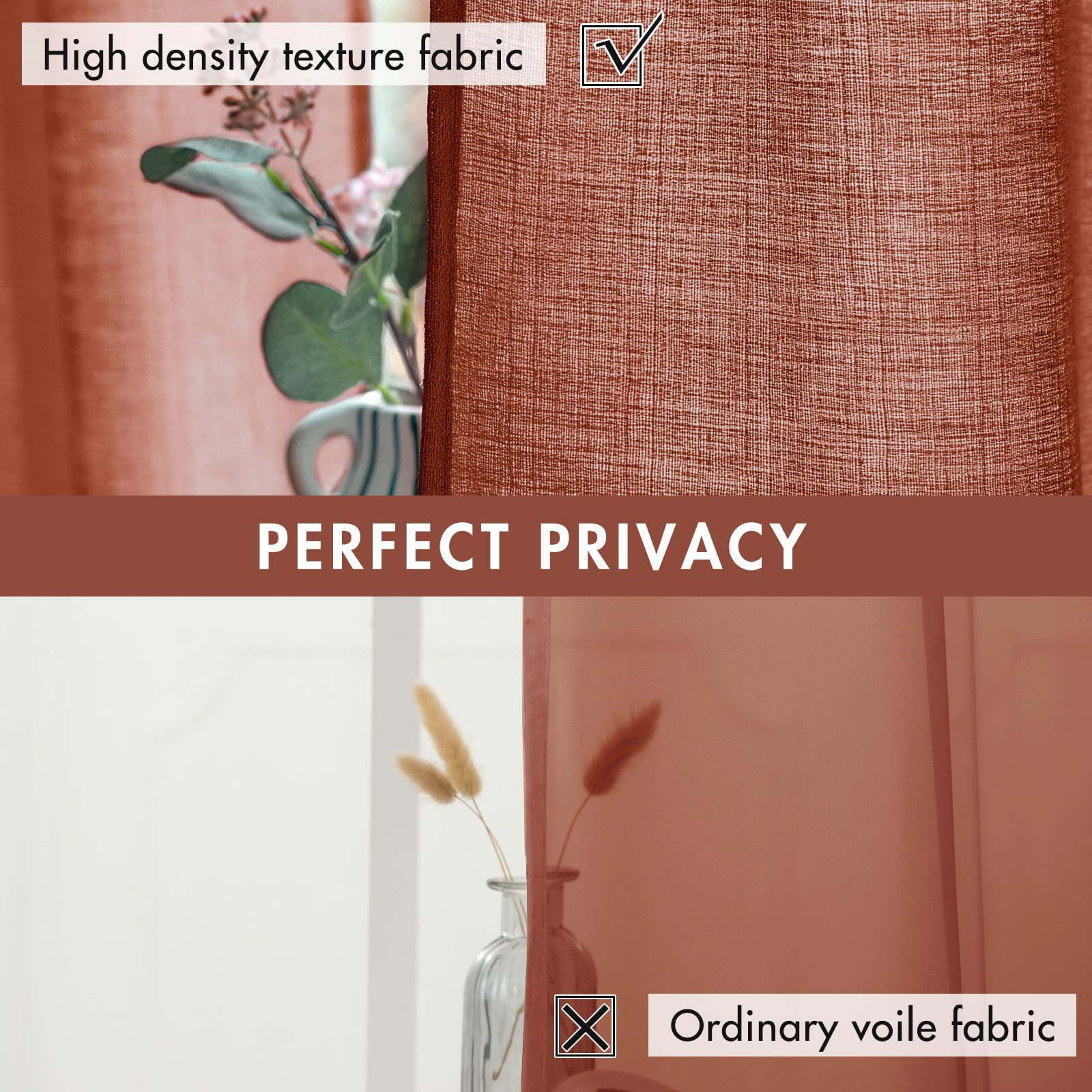Miulee Burnt Orange Faux Linen Semi Sheer Curtains 2 Panels For Living Room Bedroom Textured Light Filtering Privacy Window Curt