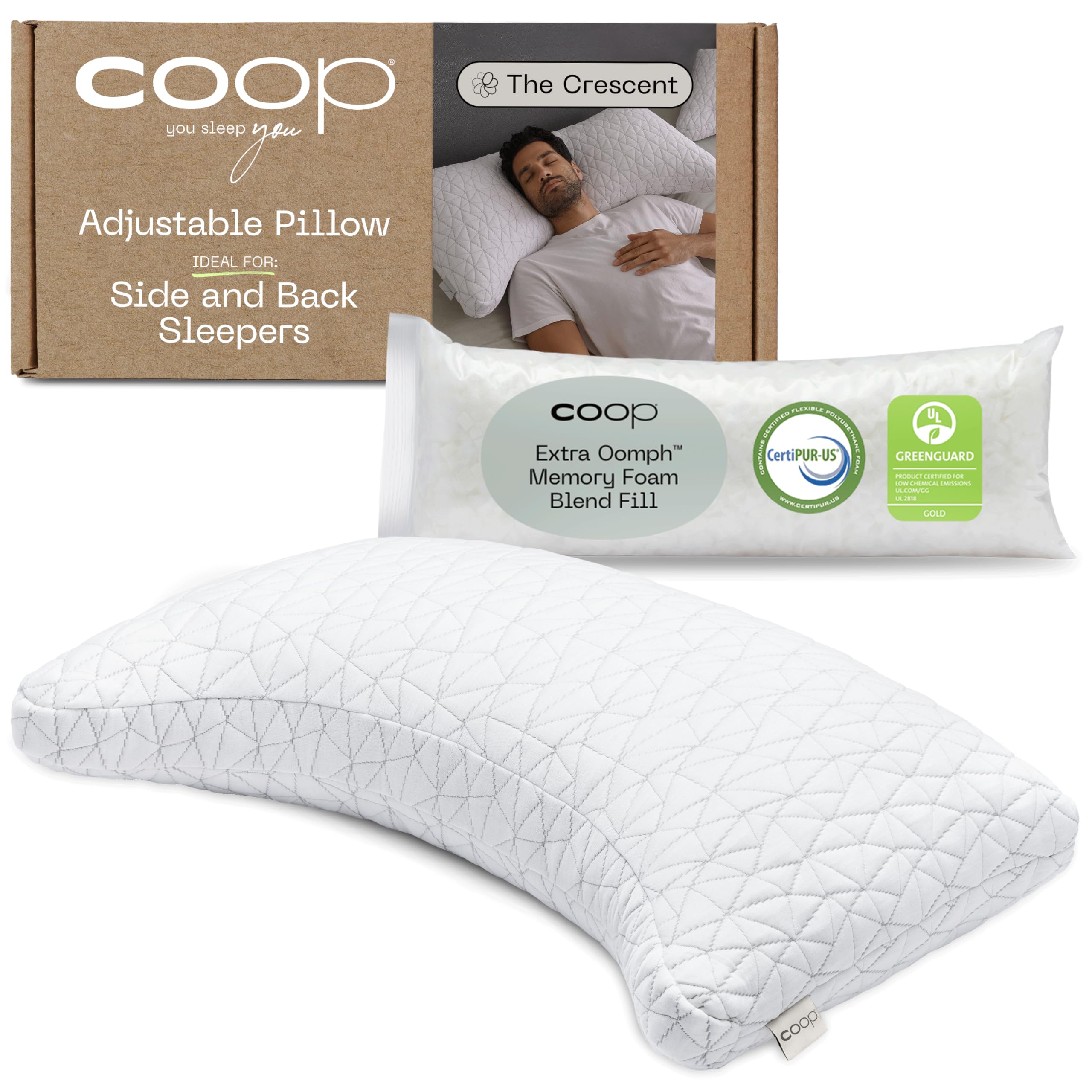 Coop Home Goods Original Crescent Adjustable Pillow, King Bed Pillows For Shoulder, Neck & Head Support, Crescent Foam Pillows -