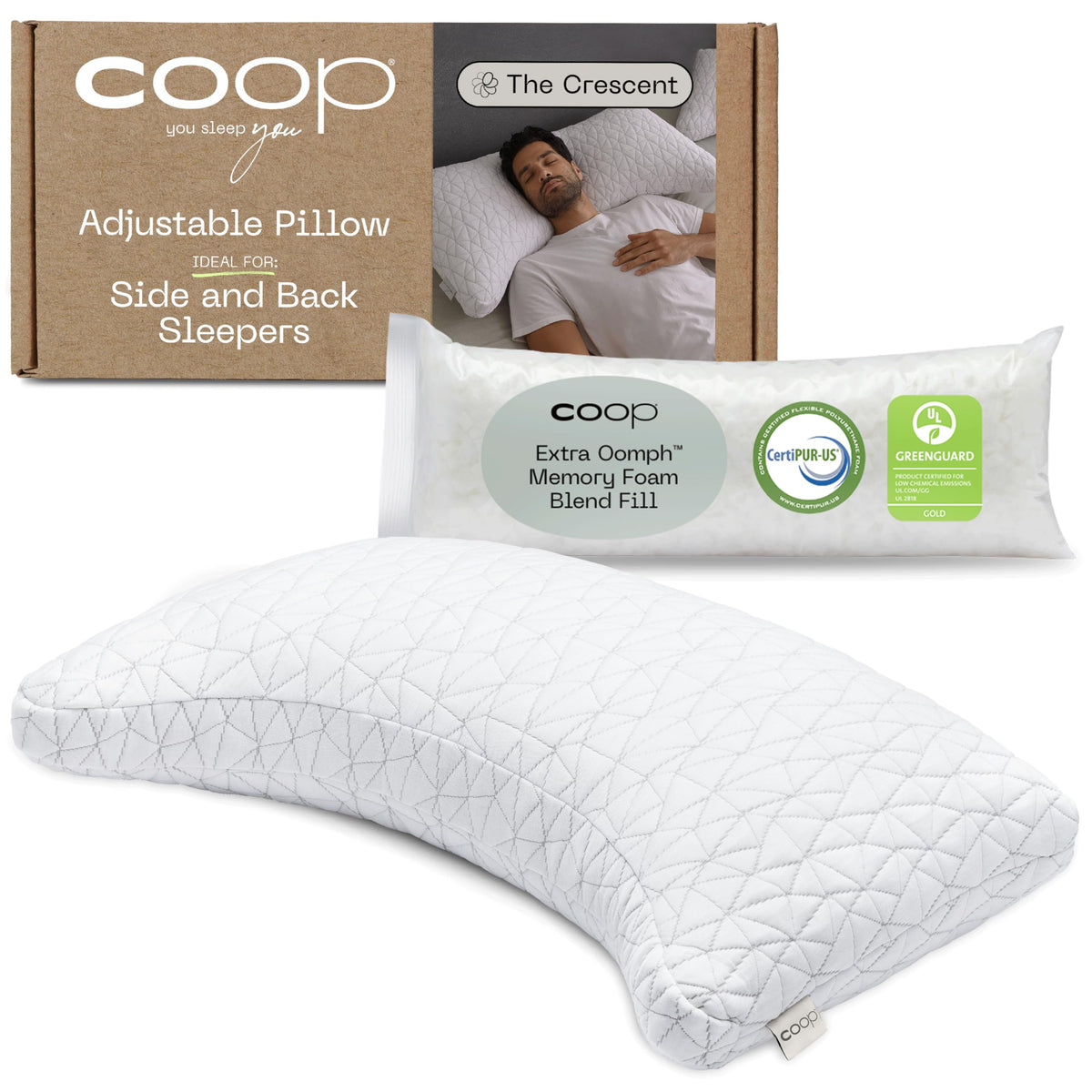 Coop Home Goods Original Crescent Adjustable Pillow, Queen Bed Pillows For Shoulder, Neck & Head Support, Crescent Foam Pillows
