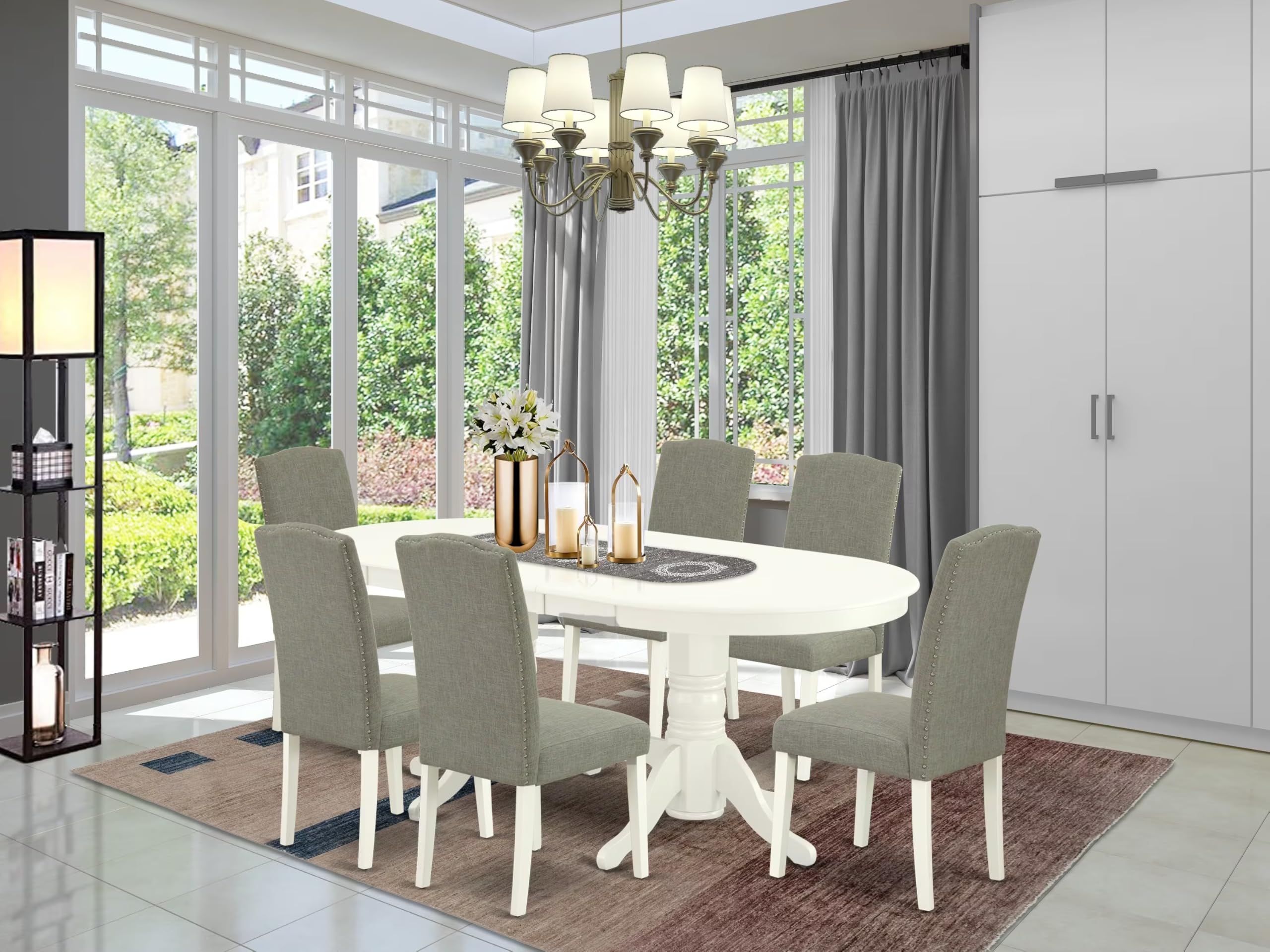 East West Furniture Vaen7-Lwh-06 7 Piece Kitchen Table Set Consist Of An Oval Dining Table With Butterfly Leaf And 6 Dark Shitake Linen Fabric Parson Chairs, 40X76 Inch, Linen White