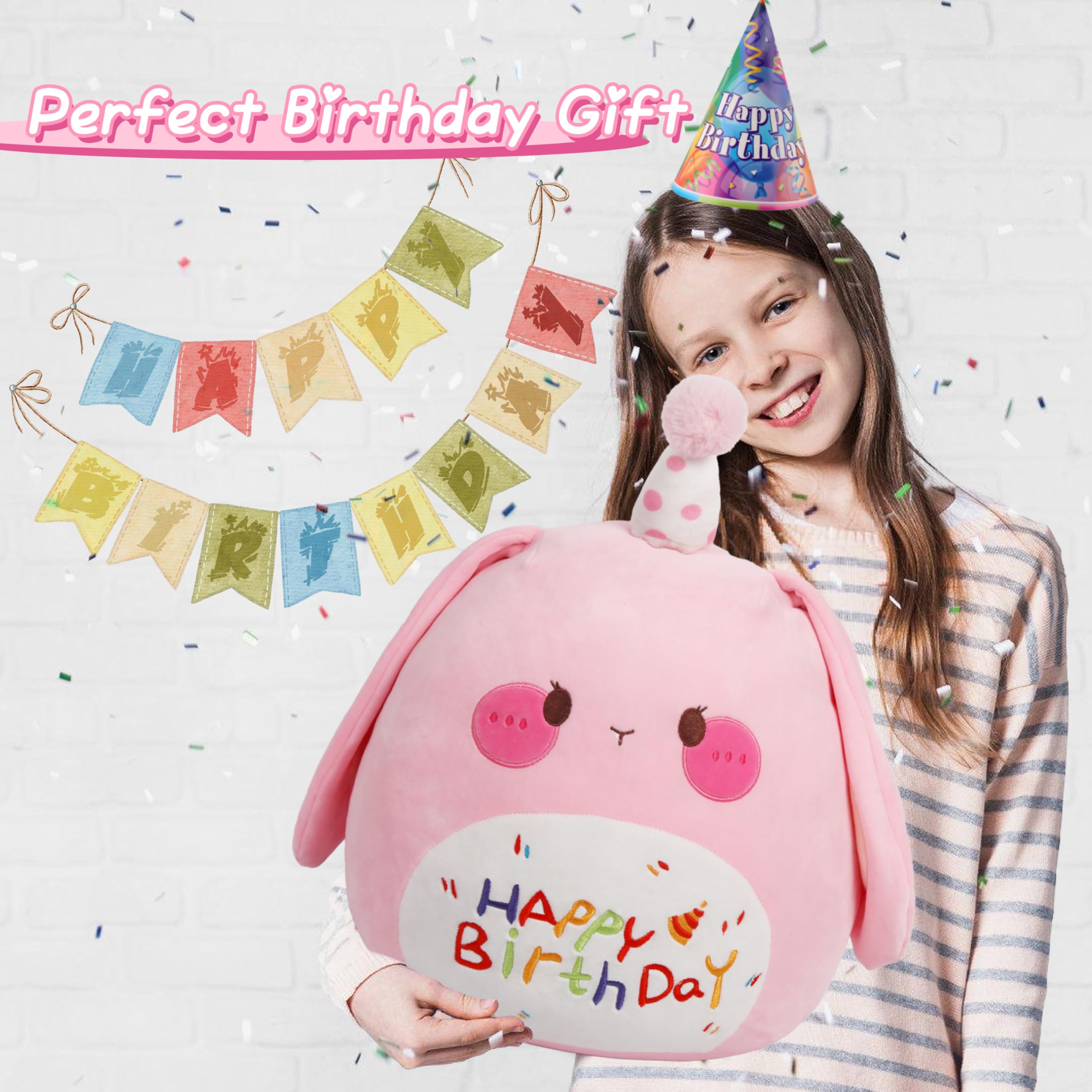 Arelux 18In Cute Bunny Plush Soft Bunny Stuffed Animal Birthday Rabbit Pillow Plushie Toy Happy Birthday Party Decoration Plushi