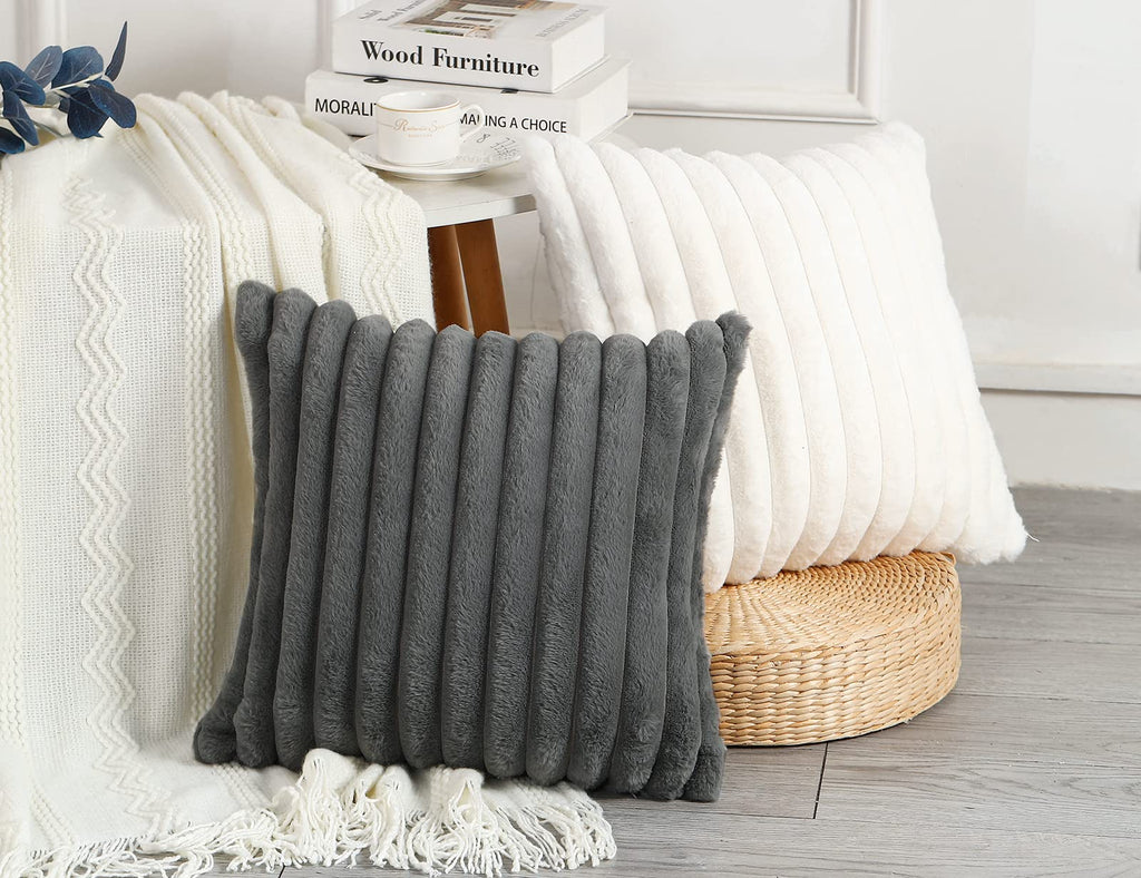 Panod Set Of 2 Faux Fur Decorative Throw Pillow Covers 18 X 18 Grey,Luxury Plush Modern Accent Funky Boho Pillow Covers Pillow C