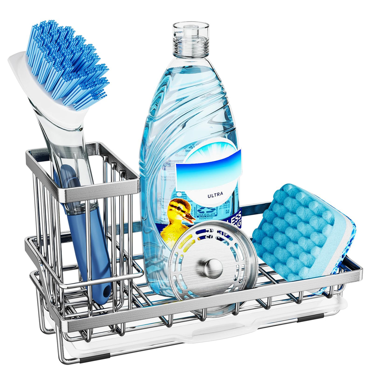Consumest Sink Caddy, Kitchen Sponge Holder With Dish Brush Holder, Kitchen Organizer With Drip Tray For Countertop, Stainless S