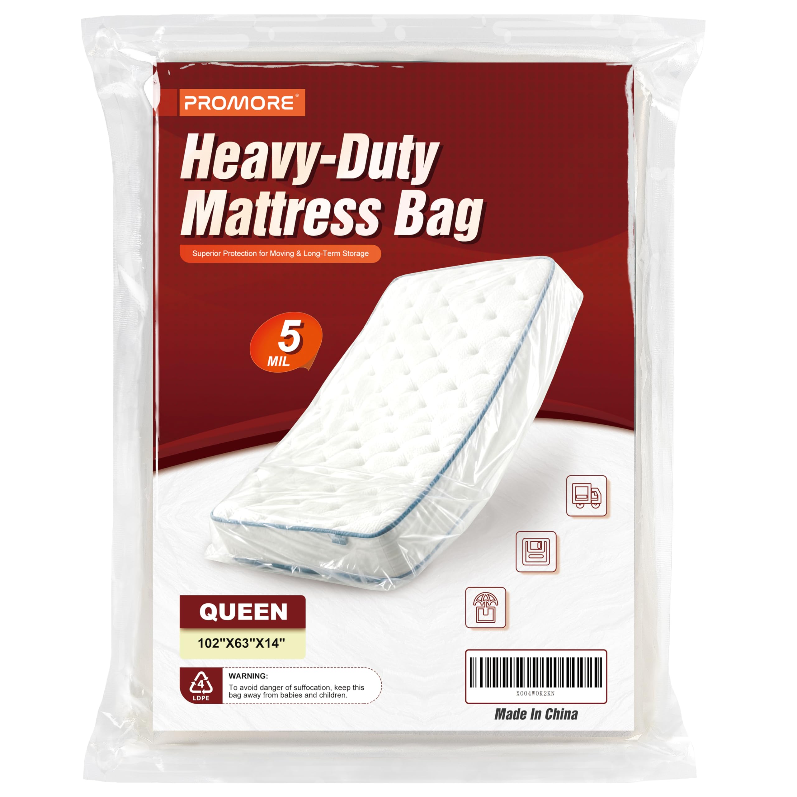 PROMORE Queen Size Mattress Bag for Moving and Storage - 5 Mil Heavy Duty, Plastic Waterproof Mattress Cover, Reusable, Tearproo