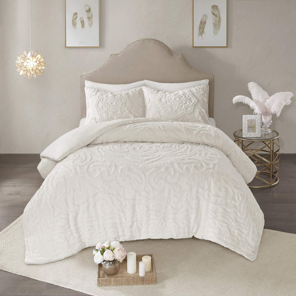 Madison Park Laetitia Comforter Bohemian Tufted Cotton Chenille, Medallion Shabby Chic All Season Down Alternative Bed Set With Matching Shams, Floral Off White King/Cal King(104'X92') 3 Piece