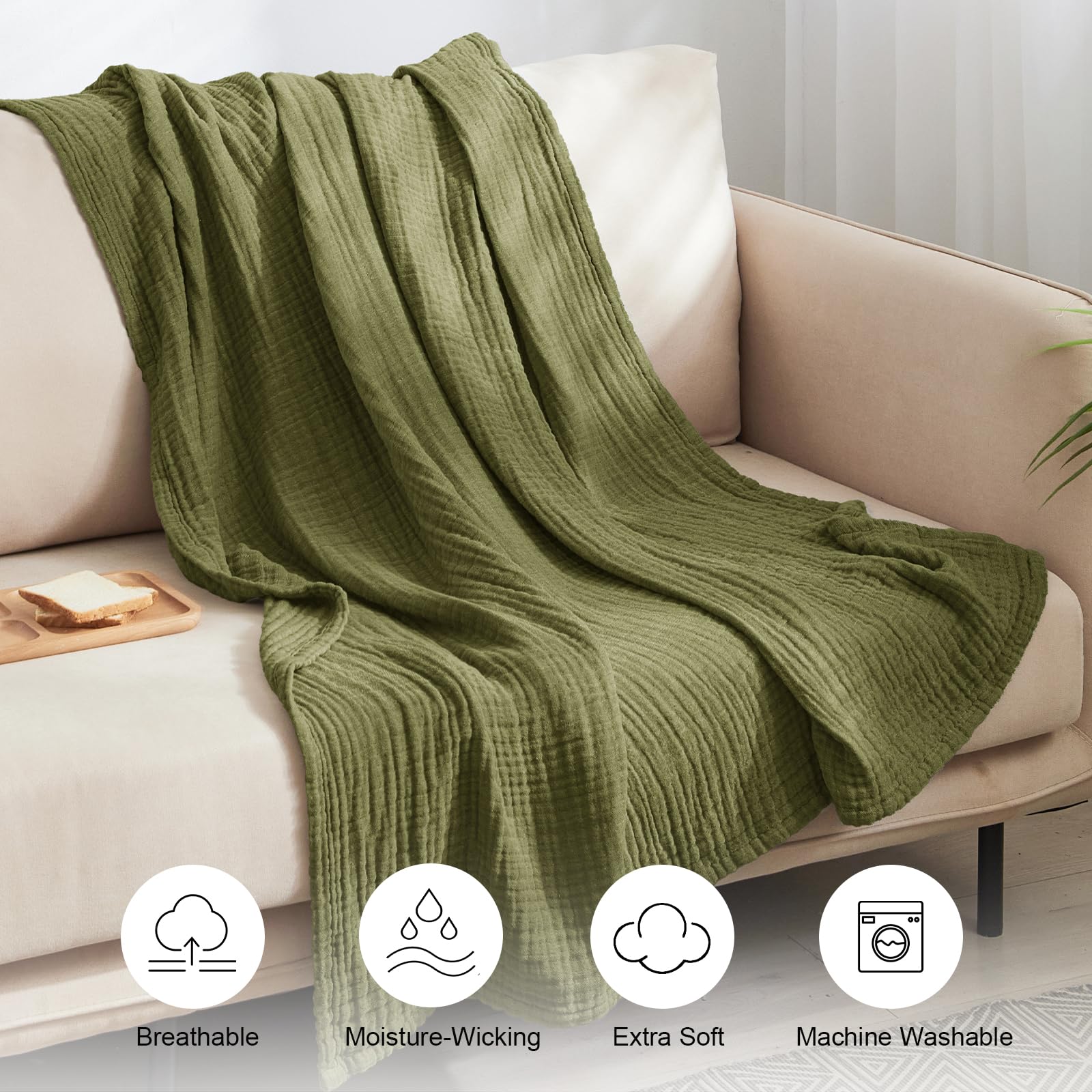 Phf 100% Cotton Muslin Throw Blanket 50' X 60', 4-Layer Lightweight And Breathable Blanket For Summer, Luxuriously Soft Gauze Throws For Couch, Natural Minimalism Style, Ideal Gift, Olive Green