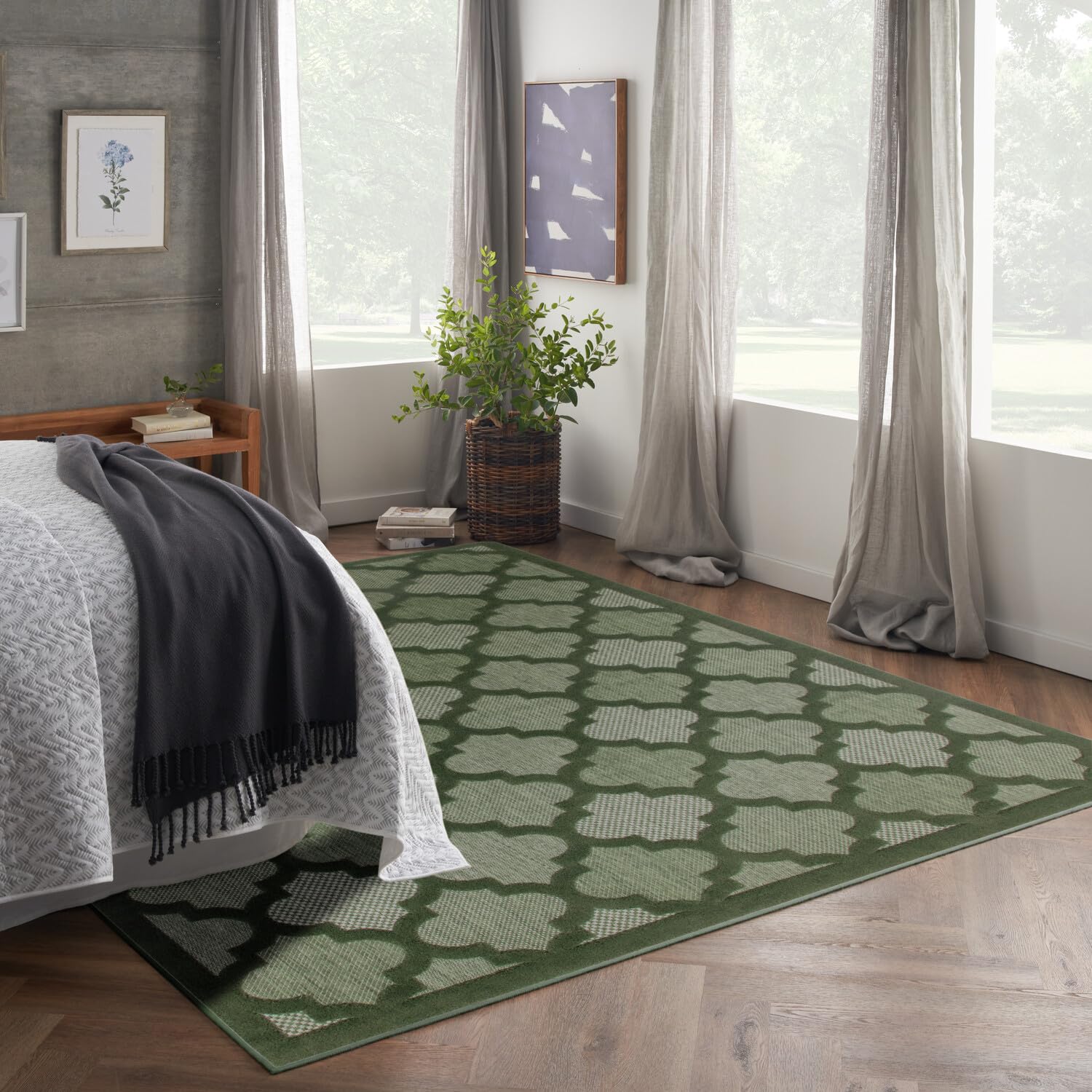 Nourison Easy Care Modern Indoor/Outdoor Green 8' X 10' Area Rug, Easy Cleaning, Non Shedding, Bed Room, Living Room, Dining Room, Backyard, Deck, Patio (8X10)