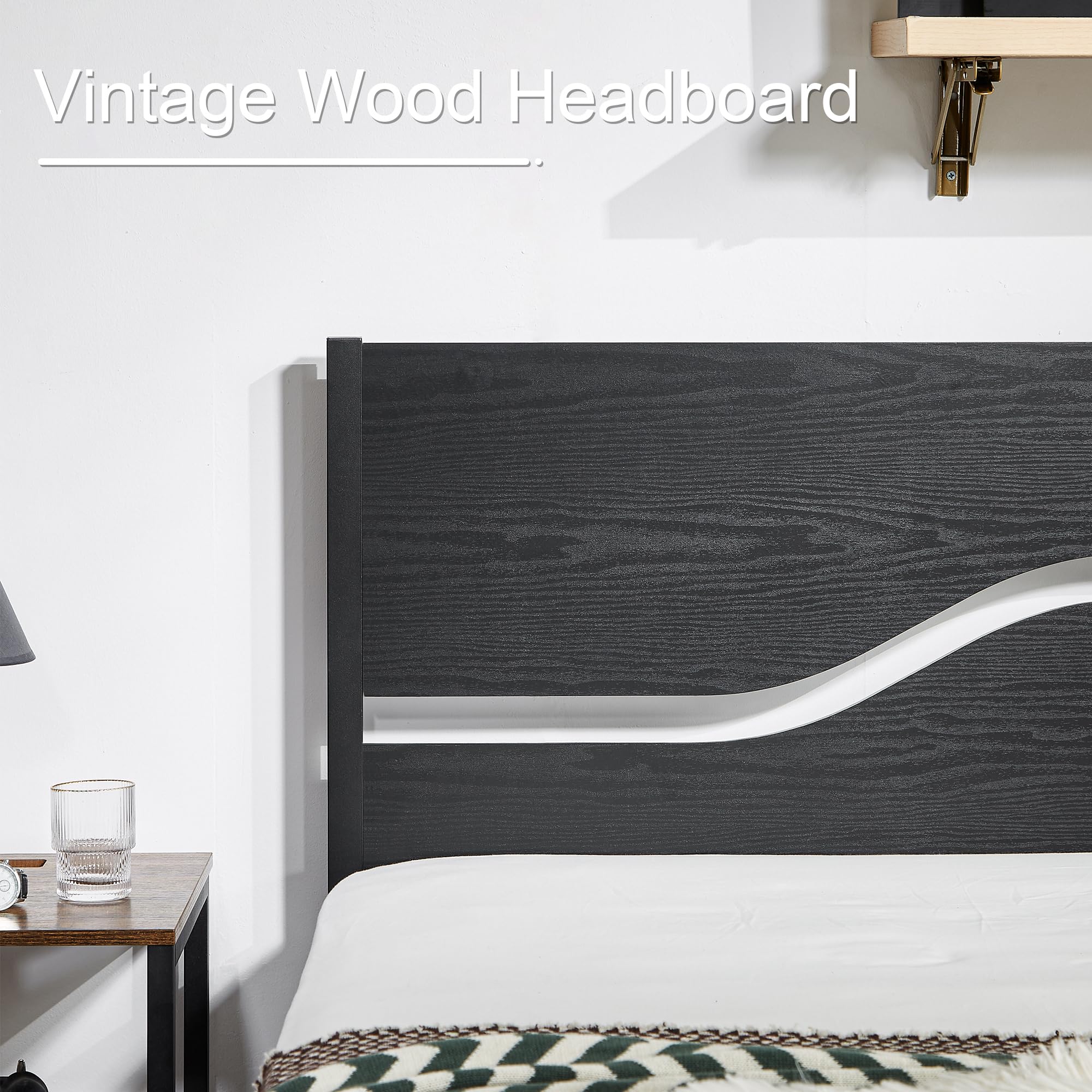 Vecelo Queen Size Platform Bed Frame With Wood Headboard, Solid And Strong Metal Support, No Box Spring Needed, Black
