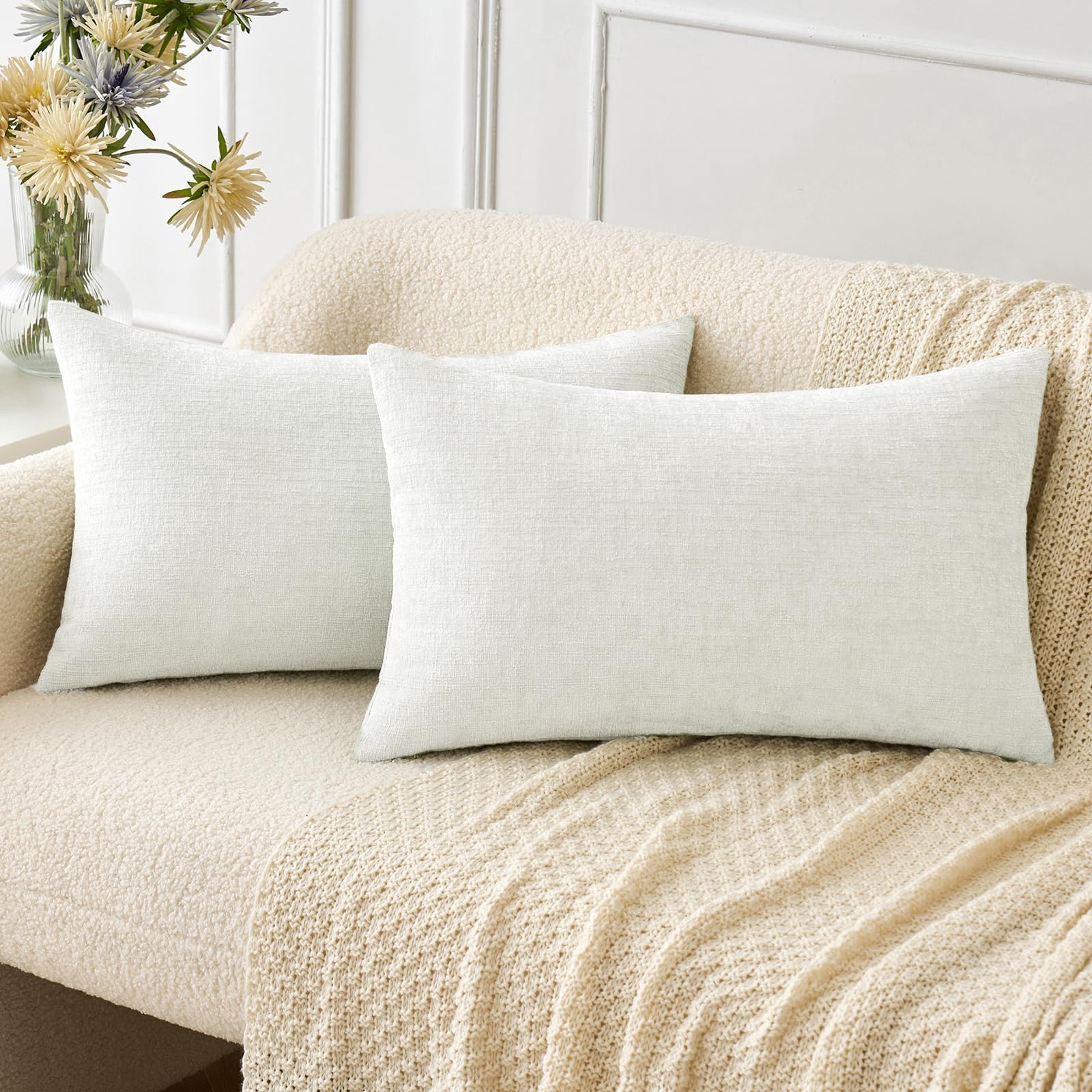 Miulee Pack Of 2 Couch Throw Pillow Covers 12X20 Inch Soft White Chenille Pillow Covers For Sofa Living Room Solid Dyed Pillow C