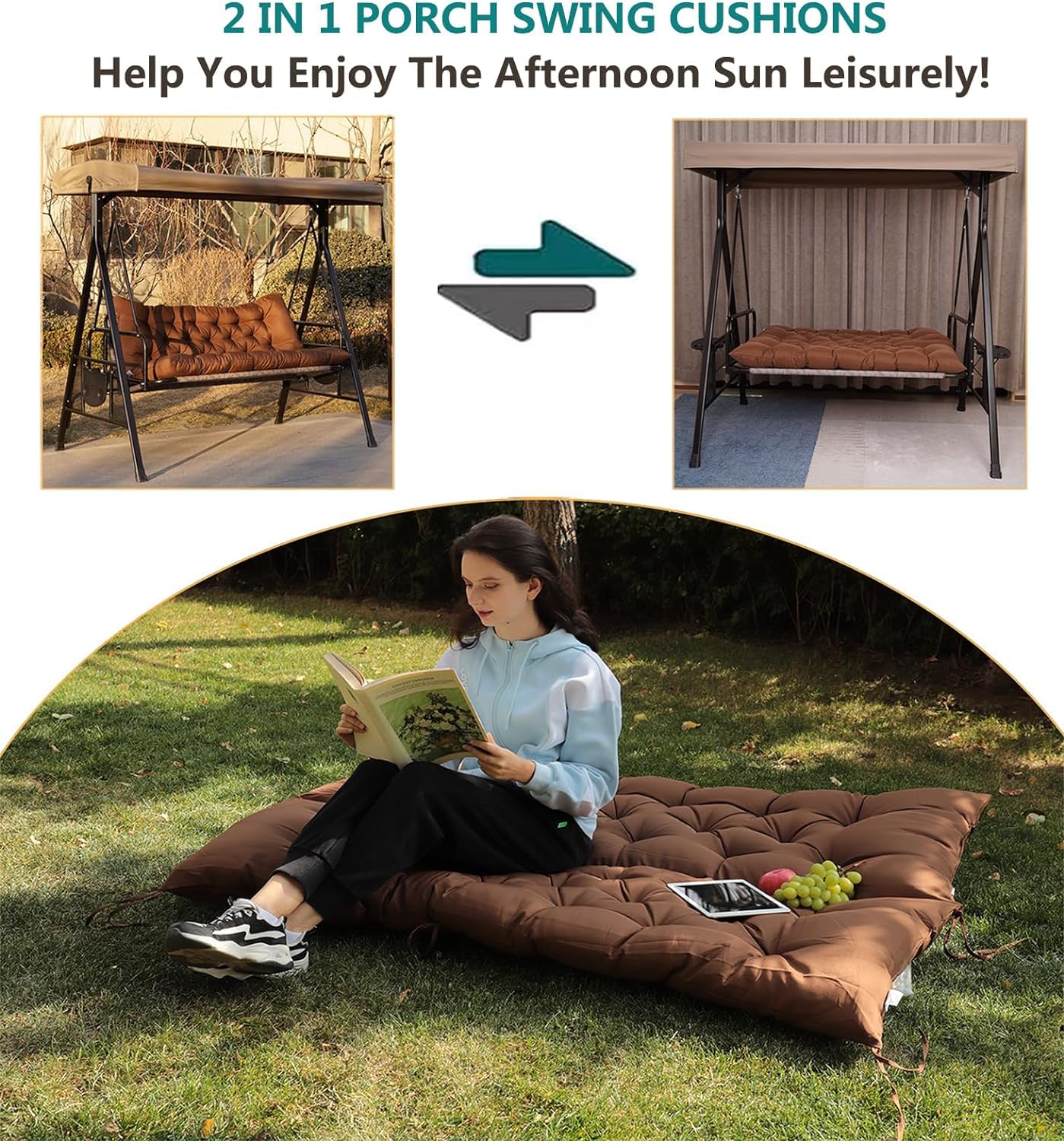 Lcyy.Tg Porch Swing Cushions, Outdoor 3 Seats Swing Cushion Replacement Pad With Backrest, Waterproof Bench Cushion With Ties, F