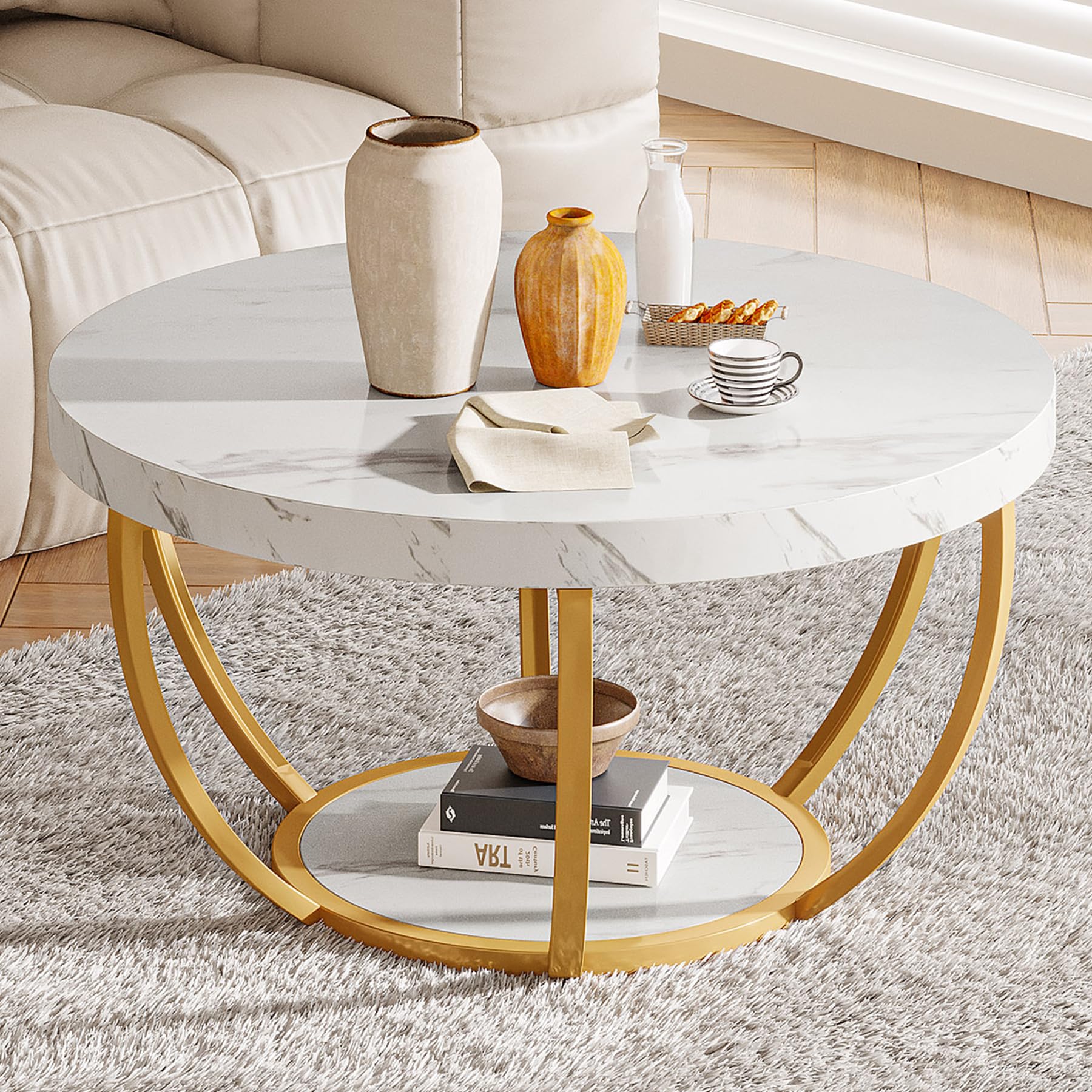 Tribesigns Modern Coffee Table, 2 Tier Round Coffee Table with Faux White Marble and Golden Metal Legs, Circle Center Table Tea 