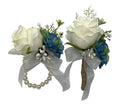 Wrist Corsage Wristlet and Boutonniere Set for Wedding, Ivory and Dusty Blue Rose Corsage Wristlet Band Bracelet for Anniversary