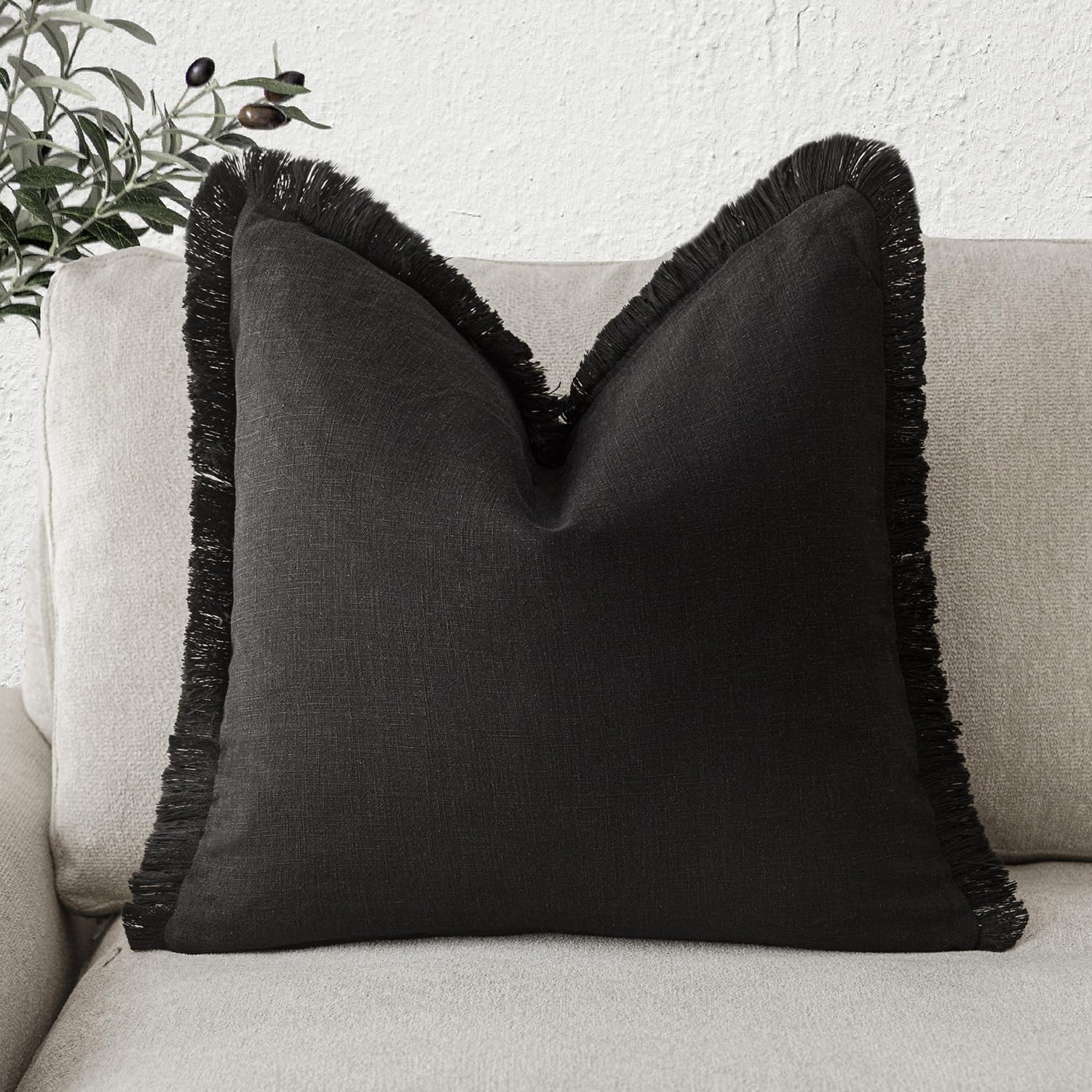 Foindtower Decorative Linen Fringe Throw Pillow Covers Cozy Boho Farmhouse Cushion Cover With Tassels Soft Accent Pillowcase For