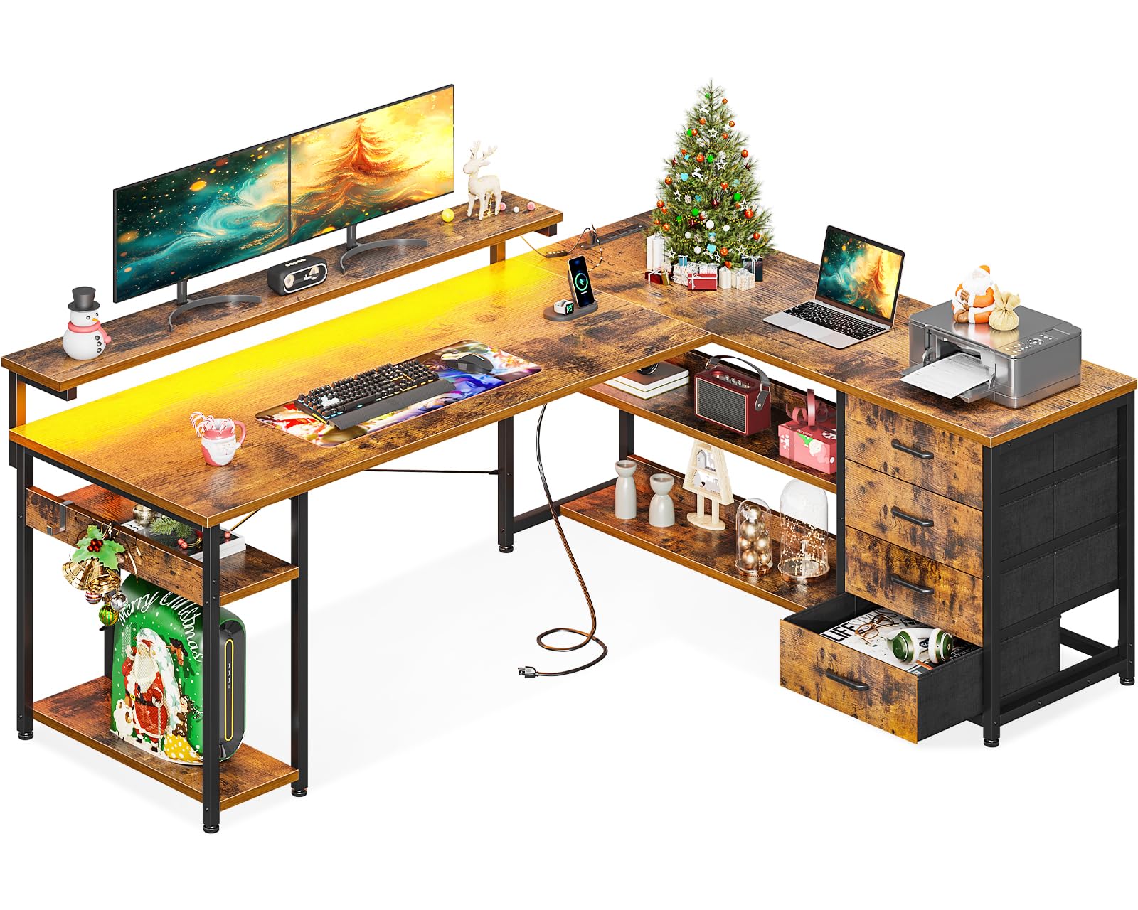 Aodk 61' L Shaped Desk With Drawer, Computer Desk With Power Outlets & Led Lights, Reversible Corner Gaming Desk For Home Office Workstation, Office Desk With Monitor Shelf, Vintage
