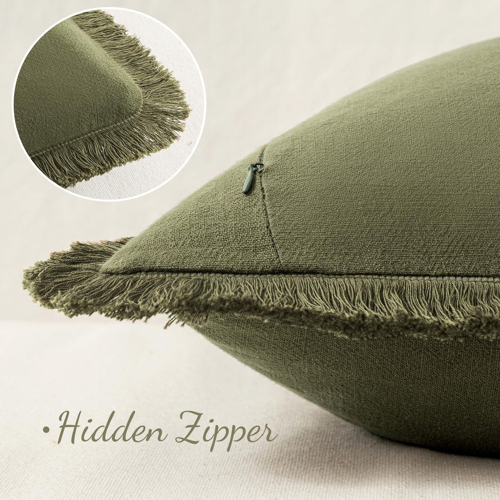 Miulee Decorative Throw Pillow Covers Neutral Linen Fringe Throw Pillows Euro Shams Set Of 2 Olive Green Boho Farmhouse Cushion Covers For Couch Sofa Bed Living Room Spring Home Decor 26X26 Inch