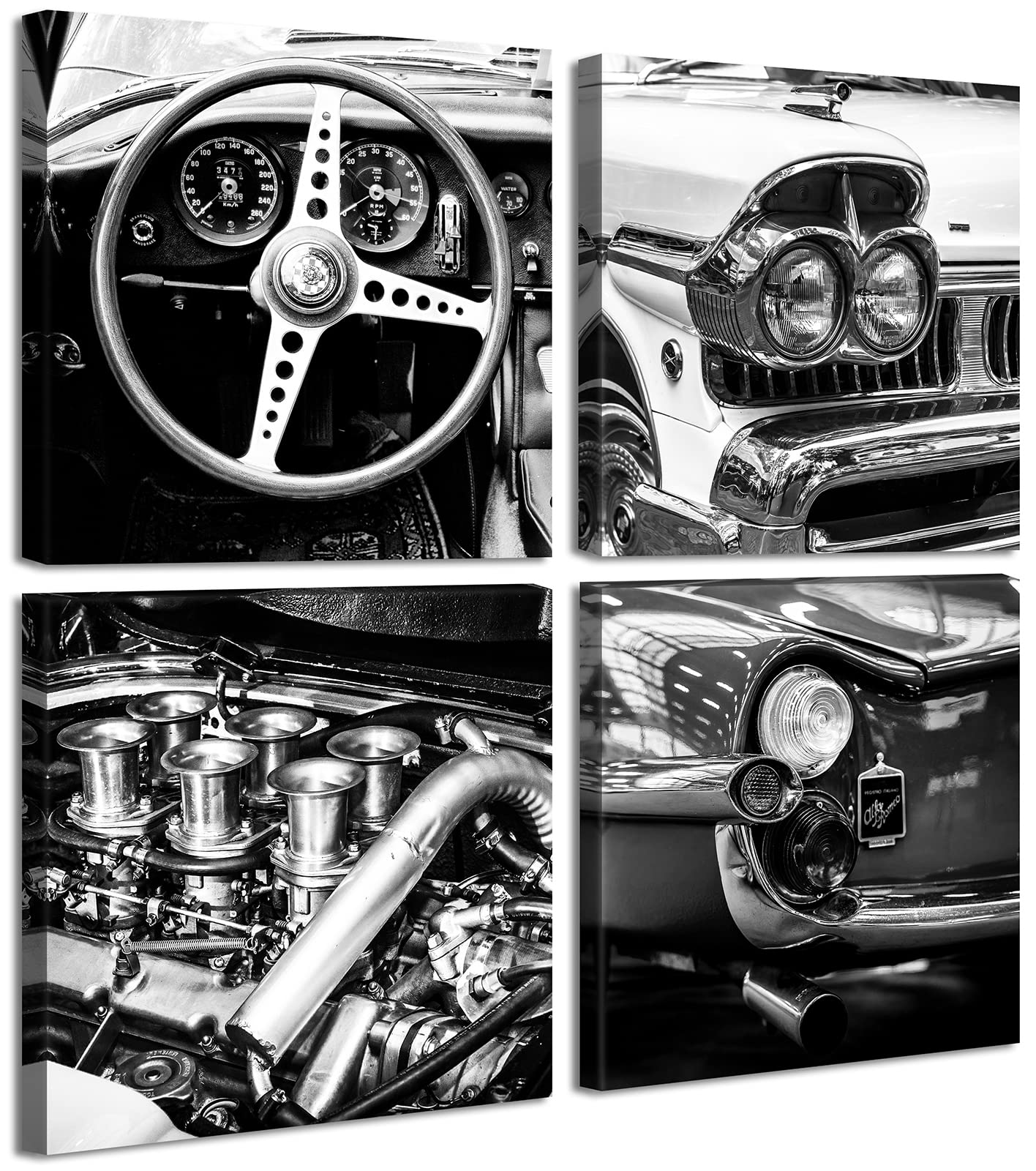 DJSYLIFE Black and White Wall Art Vintage Car Posters Decor Mens Bedroom Boys Room Office Paintings Canvas Pictures Framed Ready