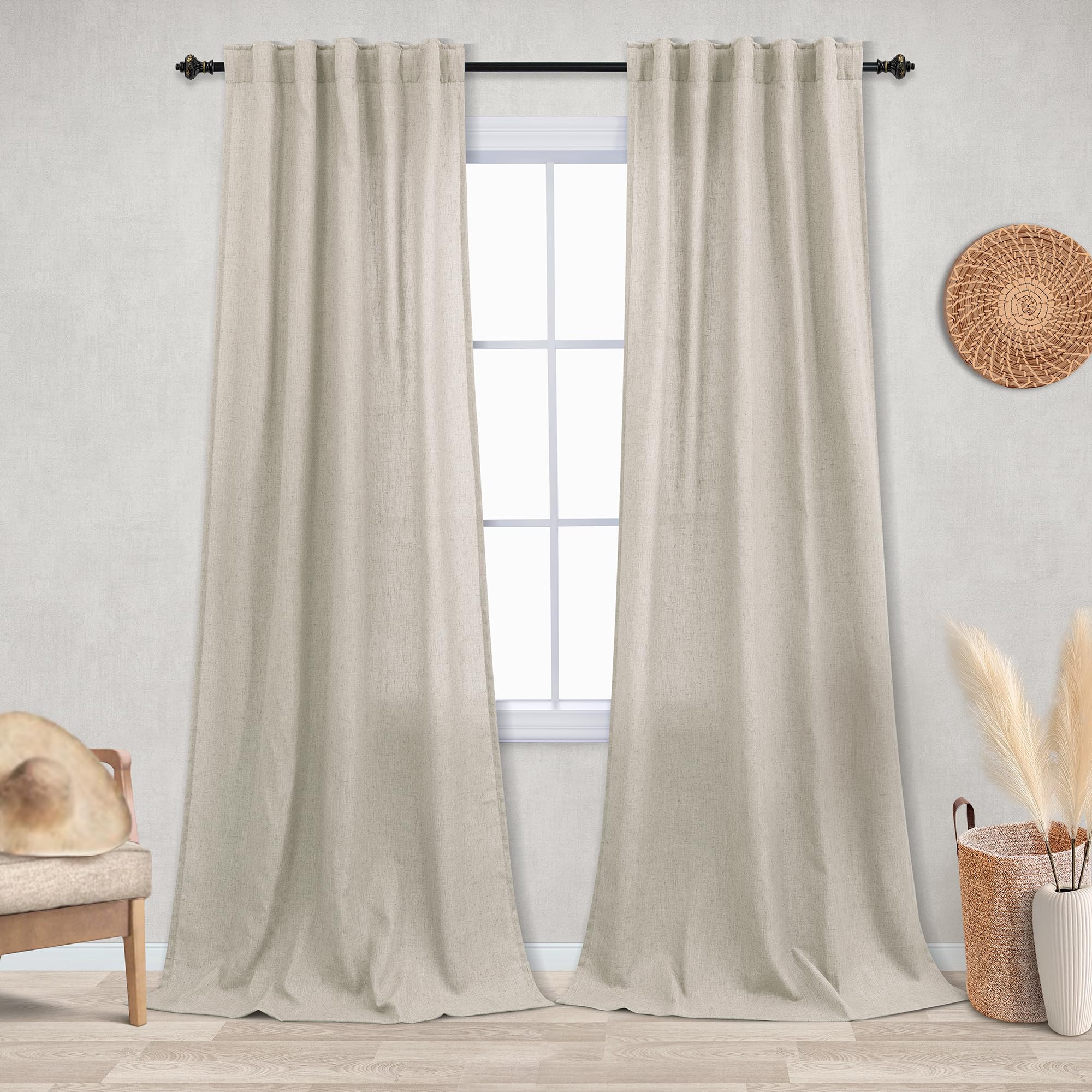 Tan Beige Rustic Curtains 42X96 Inches Long For Living Room 2 Panels Set Sheer Natural Flax Faux Linen Polyester Blended Thick B