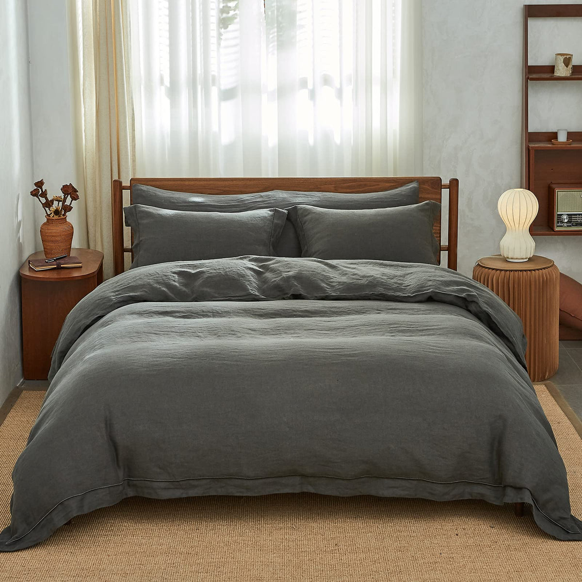 Simple&Opulence 100% Washed Linen Duvet Cover Set 3 Pieces Farmhouse Bedding Sets (1 Comforter Cover And 2 Pillowshams) With Hid