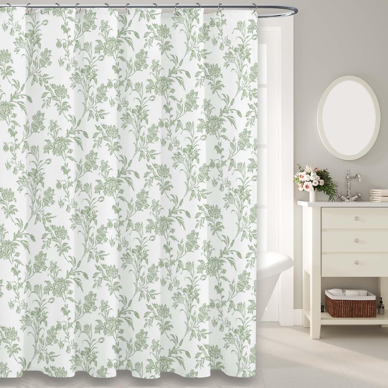 Sage Green Shower Curtain Floral Cotton Cottagecore Shower Curtain For Bathroom 72' W X 78' L
