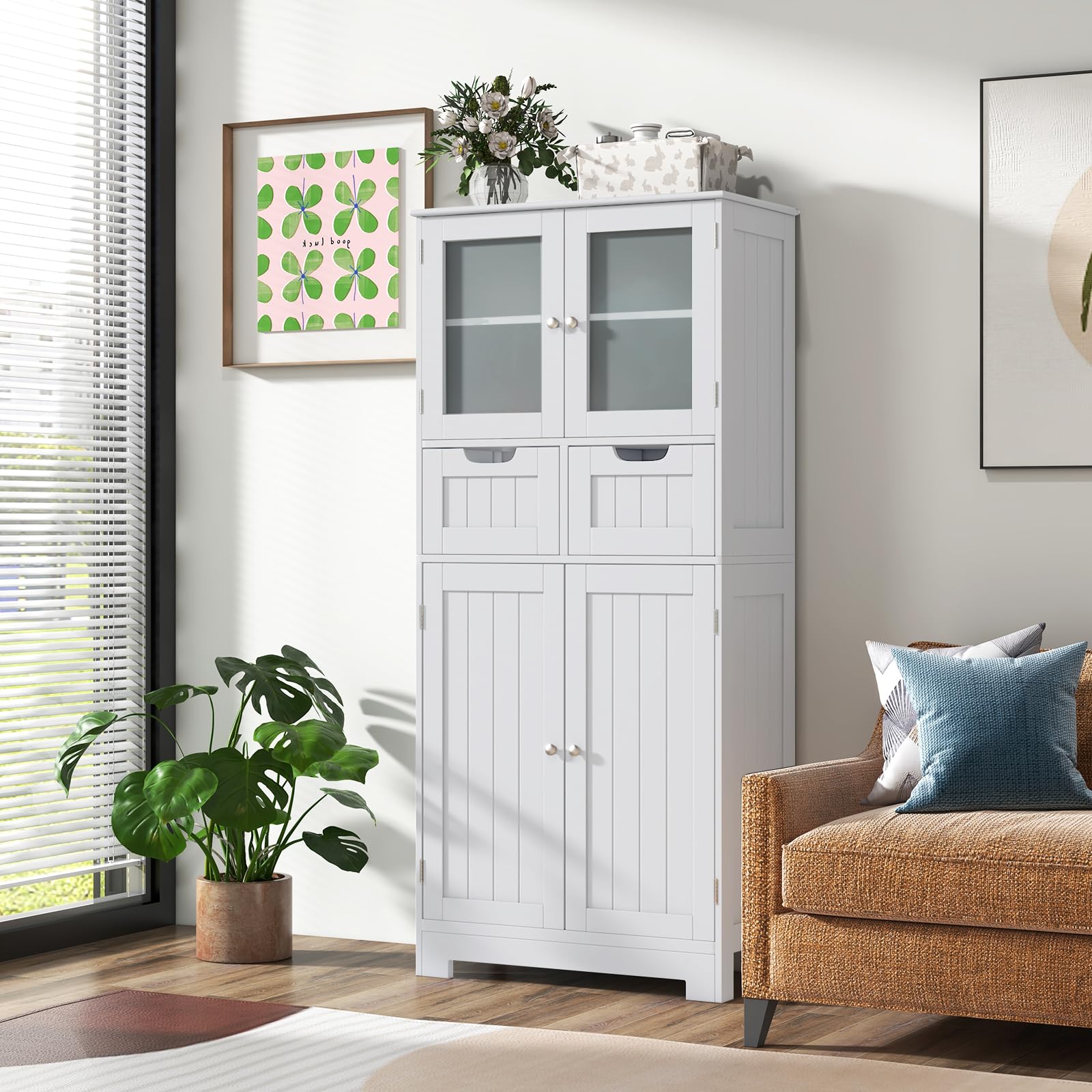 Costway Tall Bathroom Storage Cabinet, Freestanding Storage Organizer With Glass Doors, 2 Drawers & 2 Adjustable Shelves, Wooden Linen Floor Cabinet For Bathroom, Living Room, Kitchen (White)