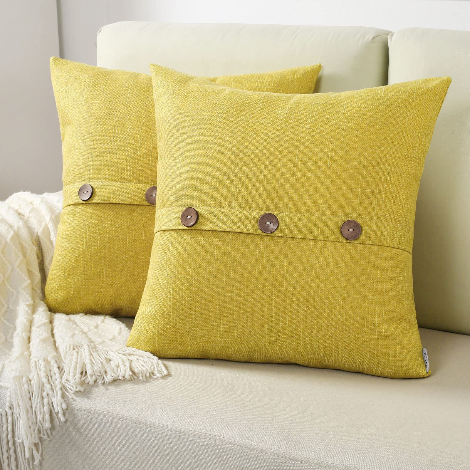 Futei Mustard Yellow Linen Decorative Throw Pillow Covers 26X26 Inch Set Of 2, Square Euro Shams Cushion Case With Vintage Butto