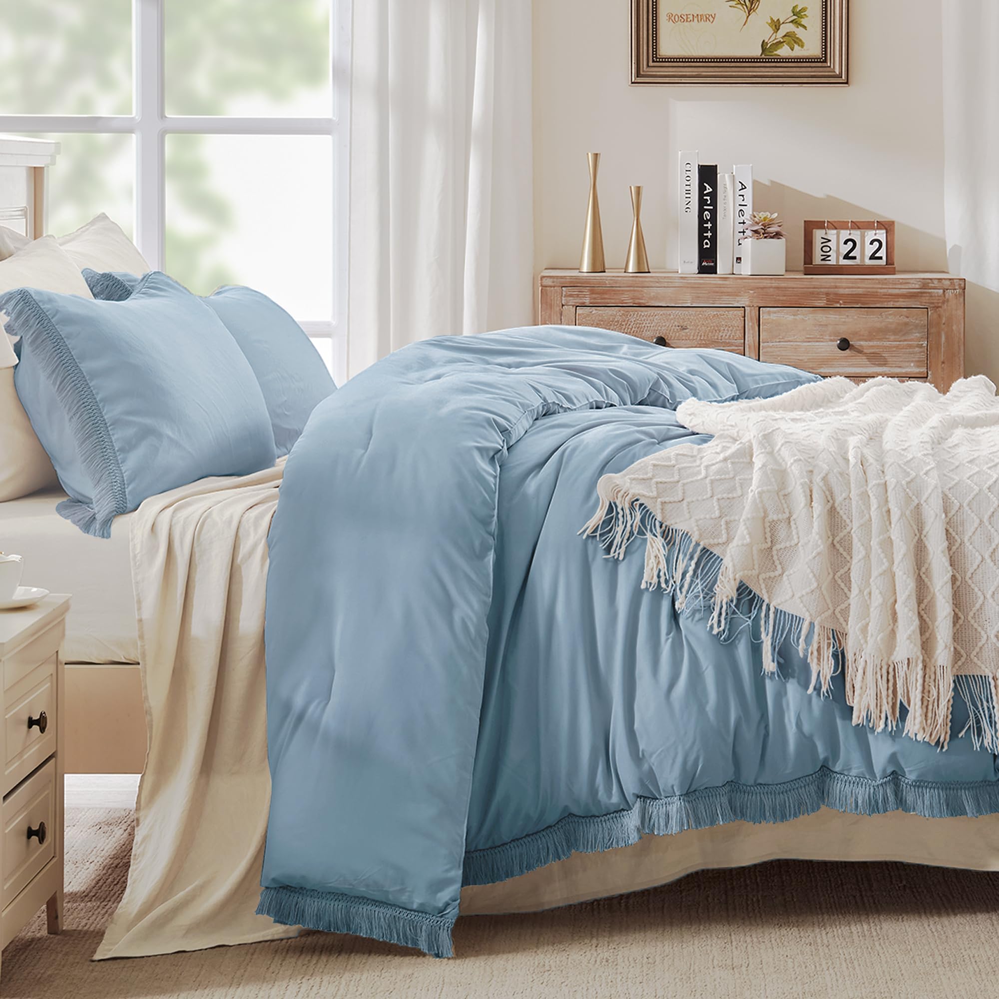 Andency Grayish Blue Comforter Set Queen Size, 3 Pieces Boho Tassel Lightweight Bedding Comforter Sets, All Season Soft Fluffy Fringe Bed Set (90X90In Comforter & 2 Pillowcases)