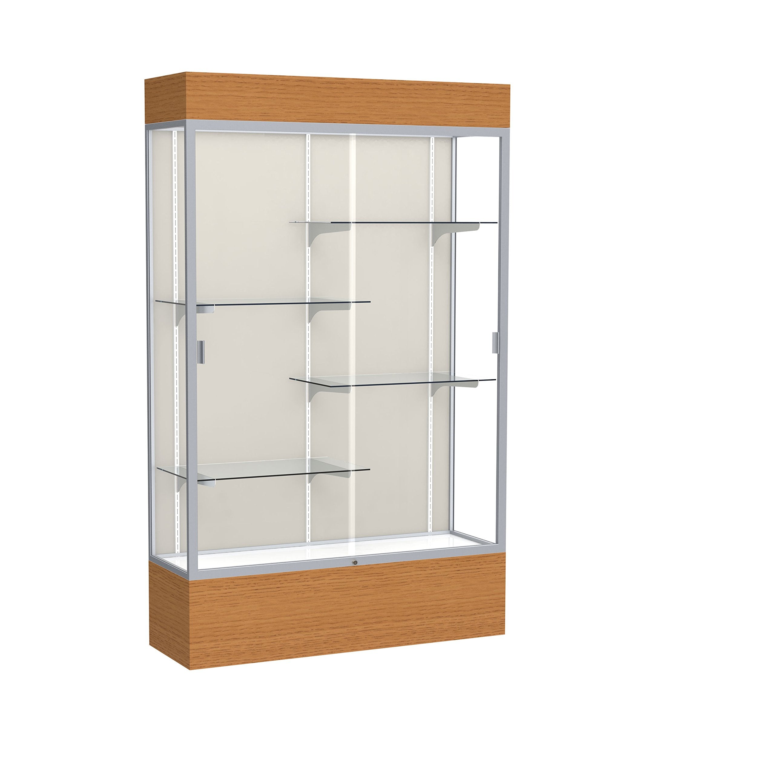 Waddell Reliant Lighted Wood Veneer Floor Display case, 48"x80"x16", Carmel Oak/Satin Natural