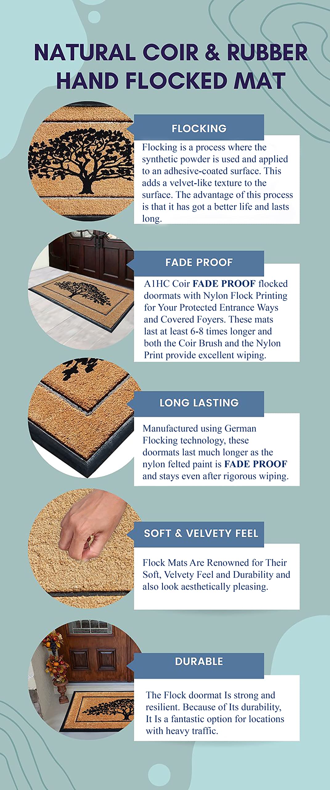 A1Hc Natural Coir & Rubber Hand Flocked Large Door Mat 30X60 Inches Thick Durable Doormats For Entrance Heavy Duty, Thin Profile
