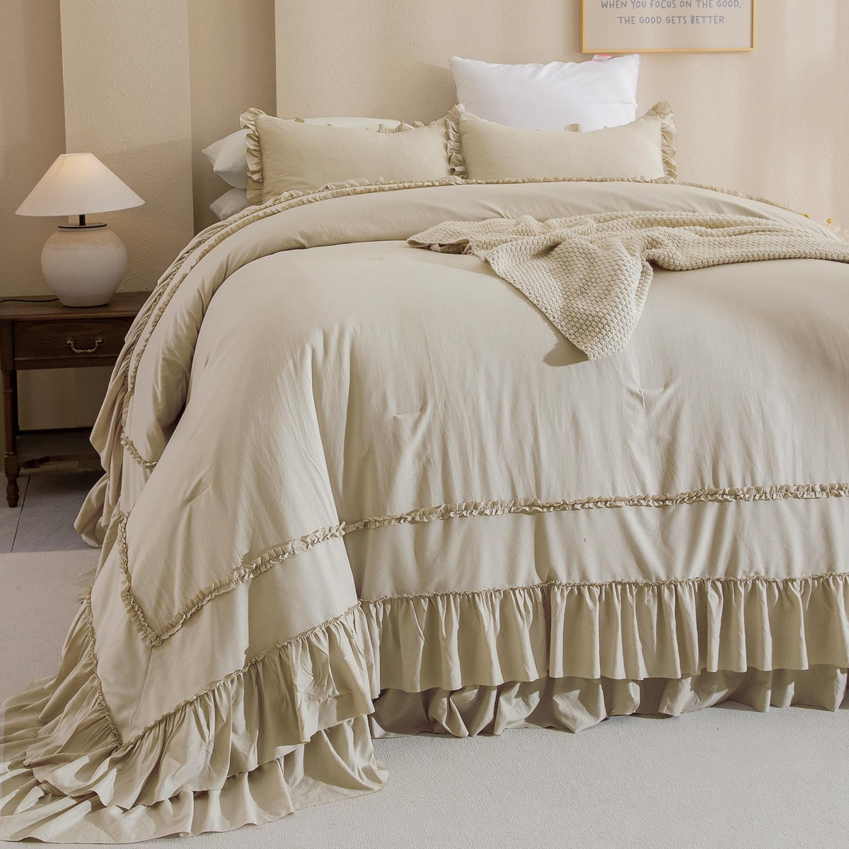Masaca 120X120 Oversized Comforter King Size,Farmhouse Shabby Boho Chic Ruffle California King Bed Comforter Set French Country