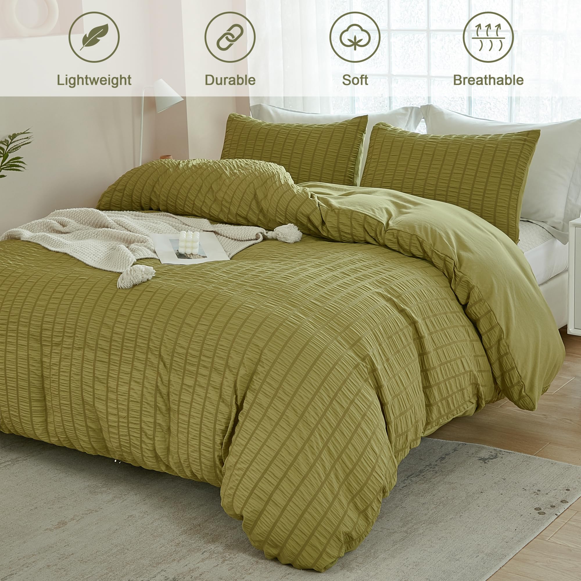 Avelom Olive Green Seersucker Duvet Cover Set King Size (104 X 90 Inches), 3 Pieces (1 Duvet Cover + 2 Pillowcases), Ultra Soft Washed Microfiber, Textured Duvet Cover With Zipper Closure, Corner Ties