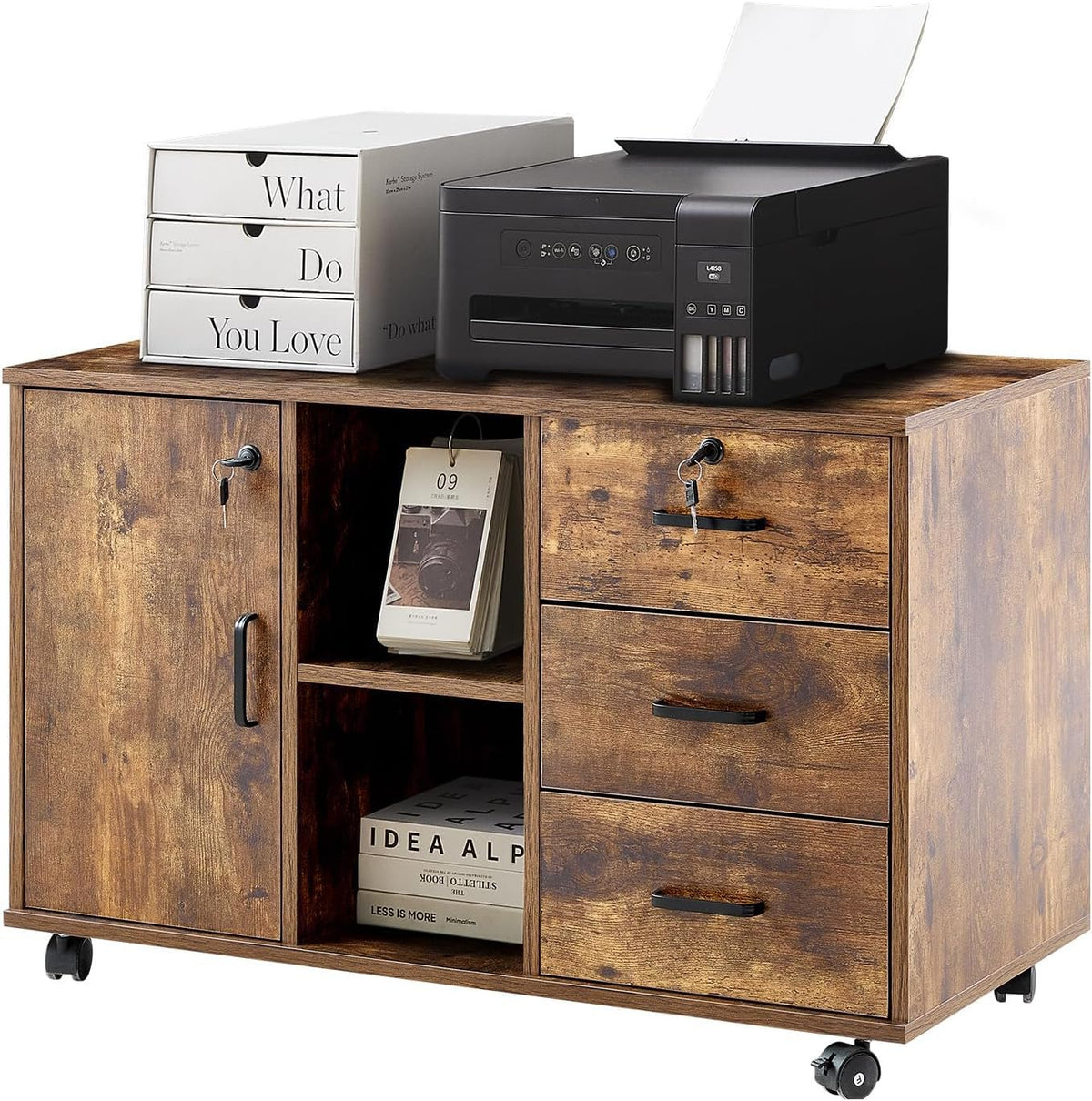 Tukailai Mobile File Cabinet With 3 Drawers & 1 Door, Lateral Stationery Letter A4 Size File Organization Unit For Home Office, Printer Stand With Open Storage Shelf And 4 Wheels (Rustic Brown)