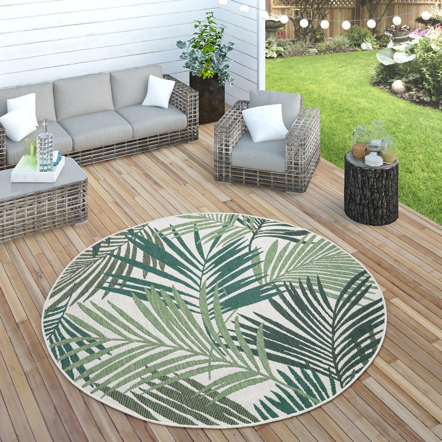Indoor & Outdoor Rug For Patio Jungle Floral Palm Trees Design Green, Size: 5'3' Round