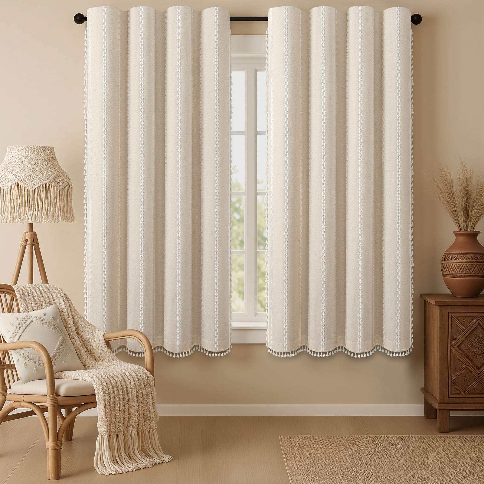 XOGUIBO Boho Blackout Curtains 63 Inches Long Beige Linen Blend 2 Panels with Tassels and Cotton Embroidery, Farmhouse Vintage R