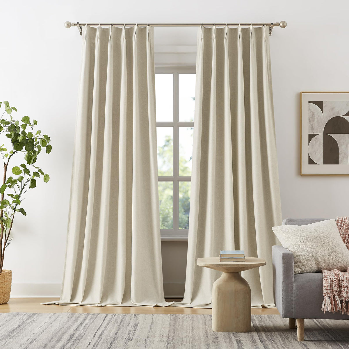 Natural Birch Pinch Pleated Blackout Curtains 120 Inch Long 10Ft Length 2 Panels, Back Tab With Hooks,Ceiling Sun Blocking Curta