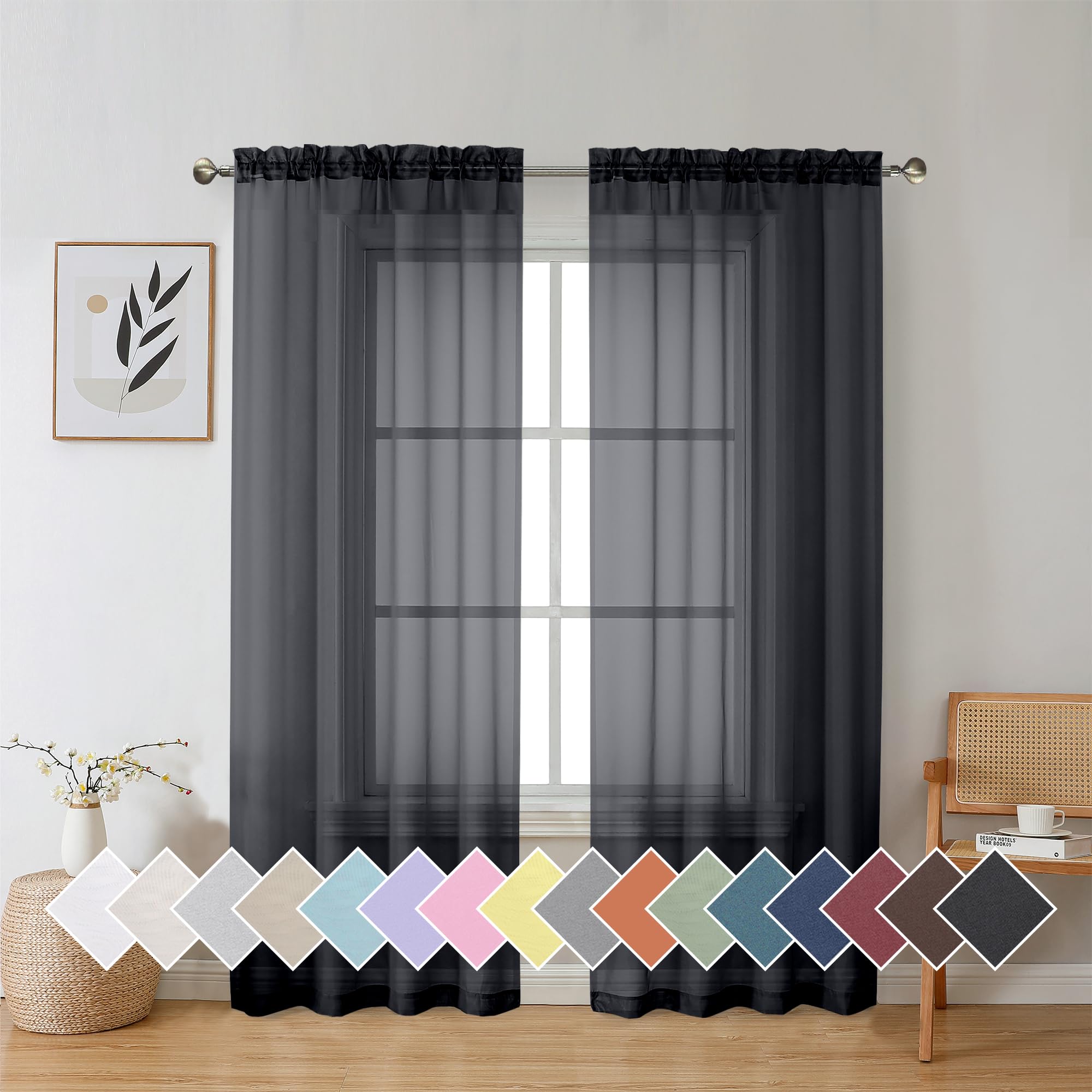 Aiyufeng Black Curtains & Drapes - Soft & Elegant Semi Sheer Curtains Privacy Panels For Living Room Bedroom Dining Patio Door B