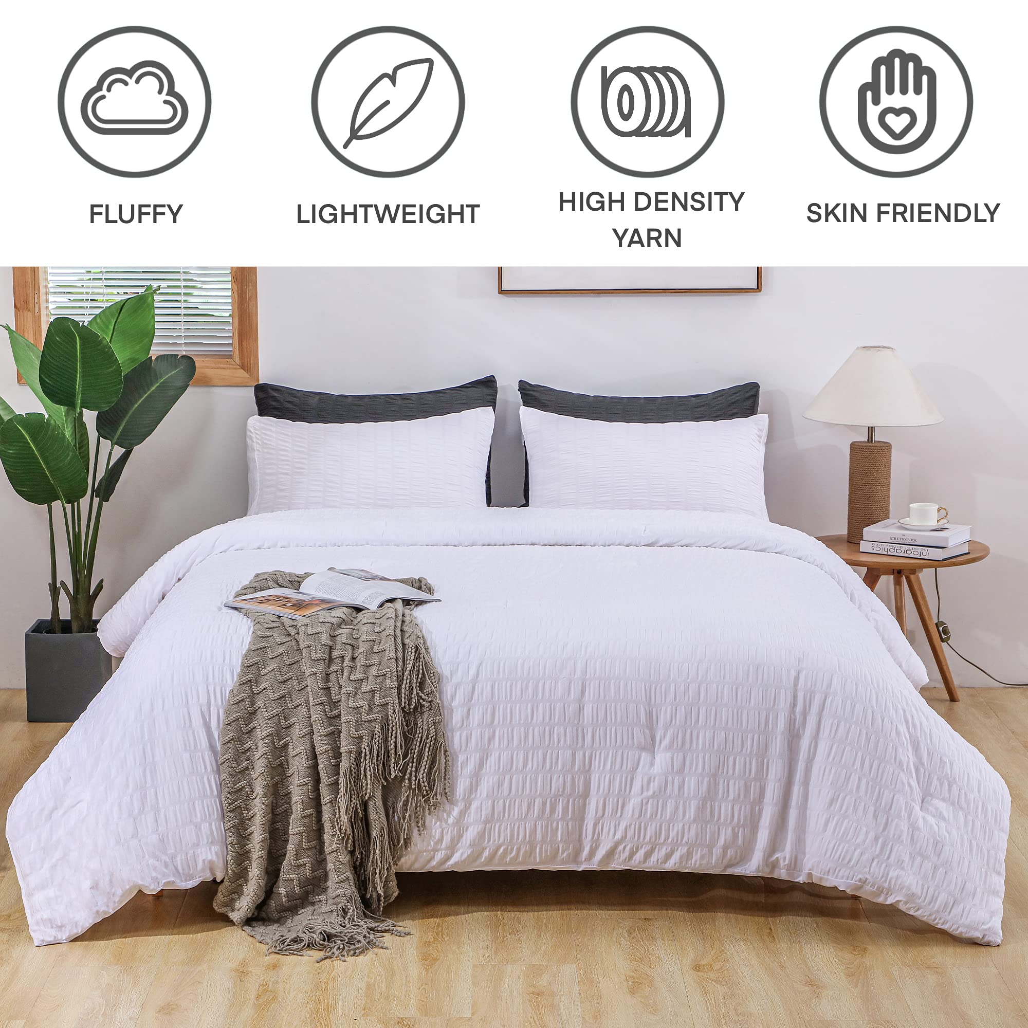 Avelom Seersucker Comforter Set - Full Size, 80X90 Inches, White, 3 Pieces, Unisex