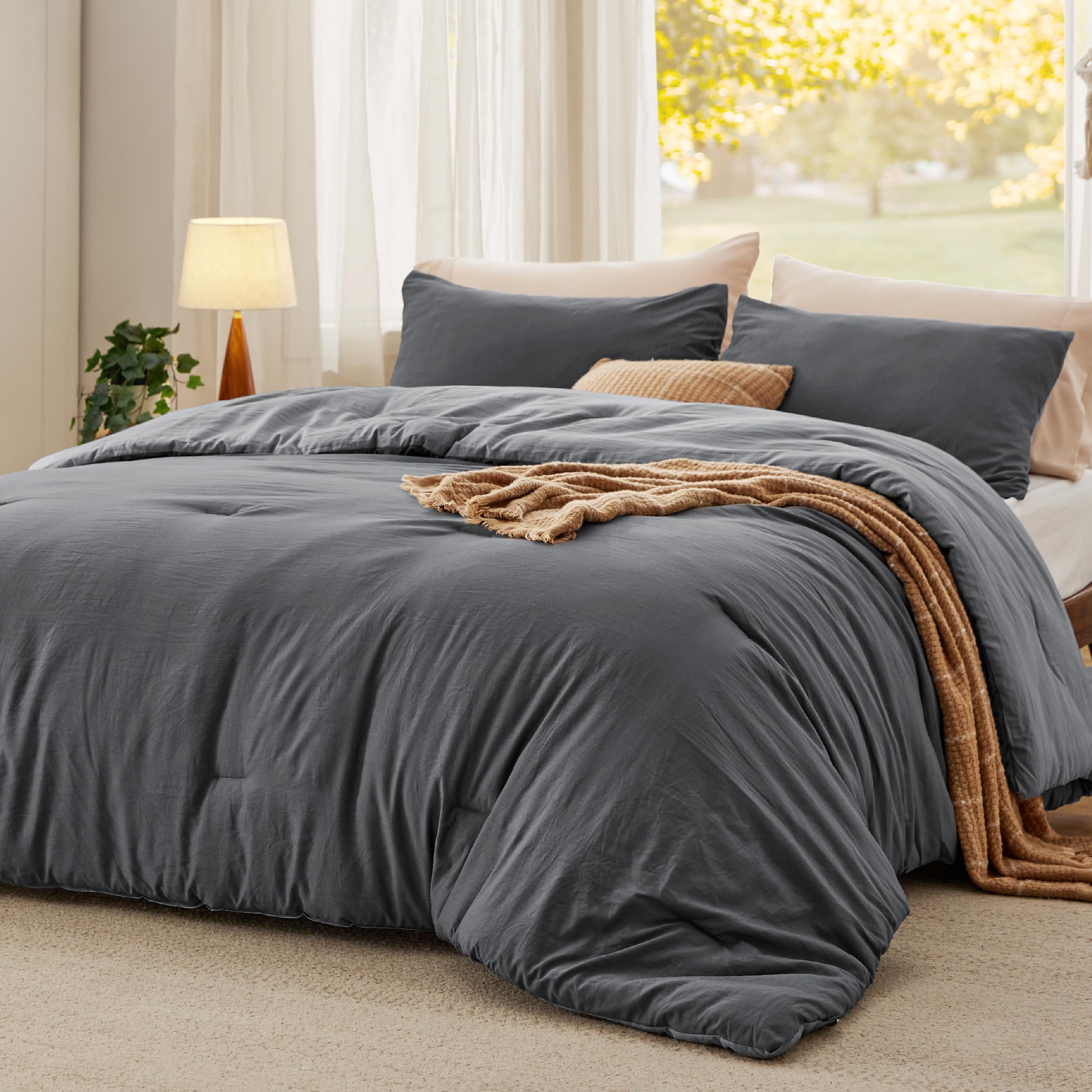 Bedsure Queen Size Comforter Set, Reversible Grey Soft Prewashed Bedding For All Seasons, 3 Pieces Warm Down Alternative Bed Set, 1 Lightweight Comforter (90'X90') And 2 Pillowcases (20'X26')