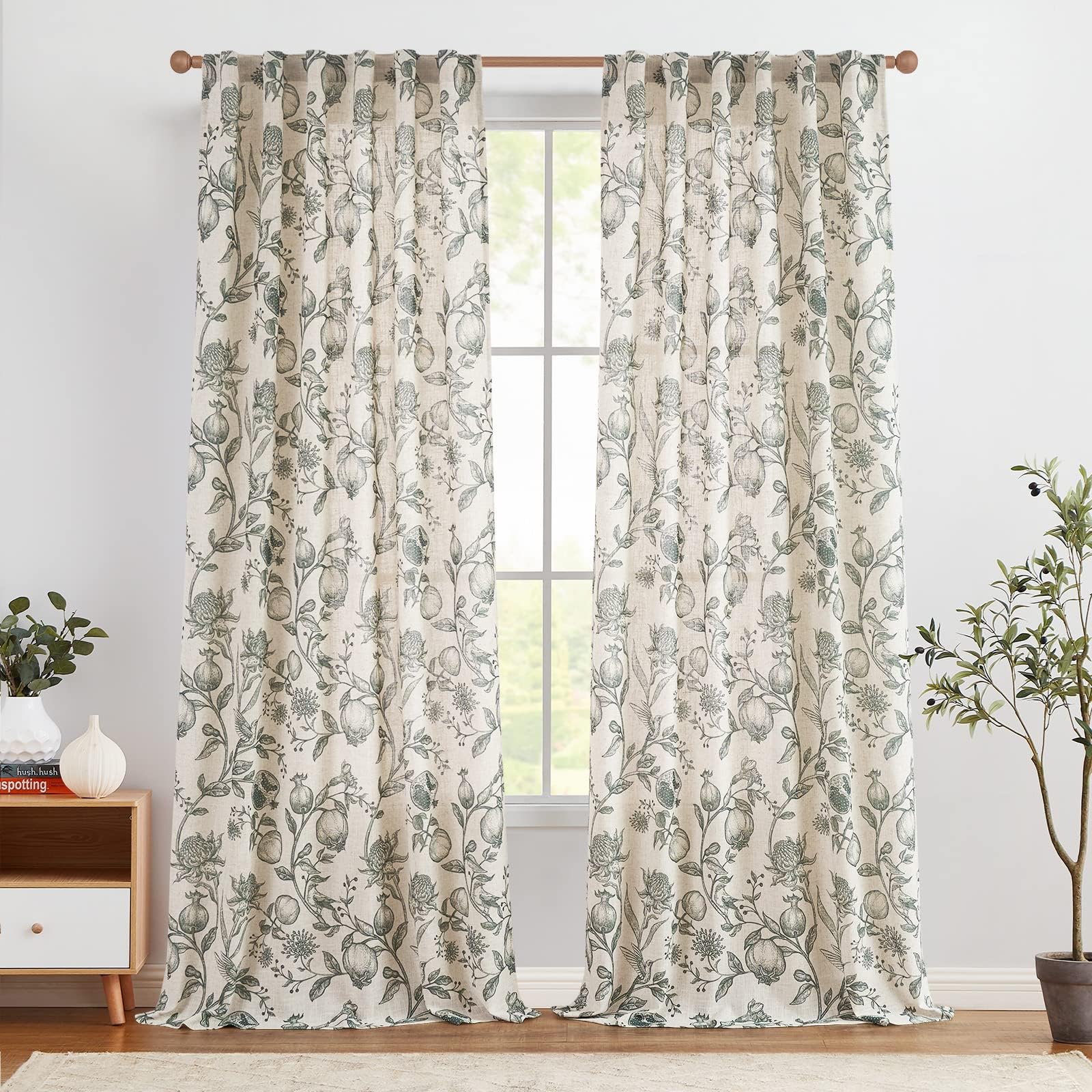 Jinchan Linen Curtains Floral Curtains For Living Room 84 Inch Long Dark Green French Curtains Back Tab Light Filtering Toile Pr