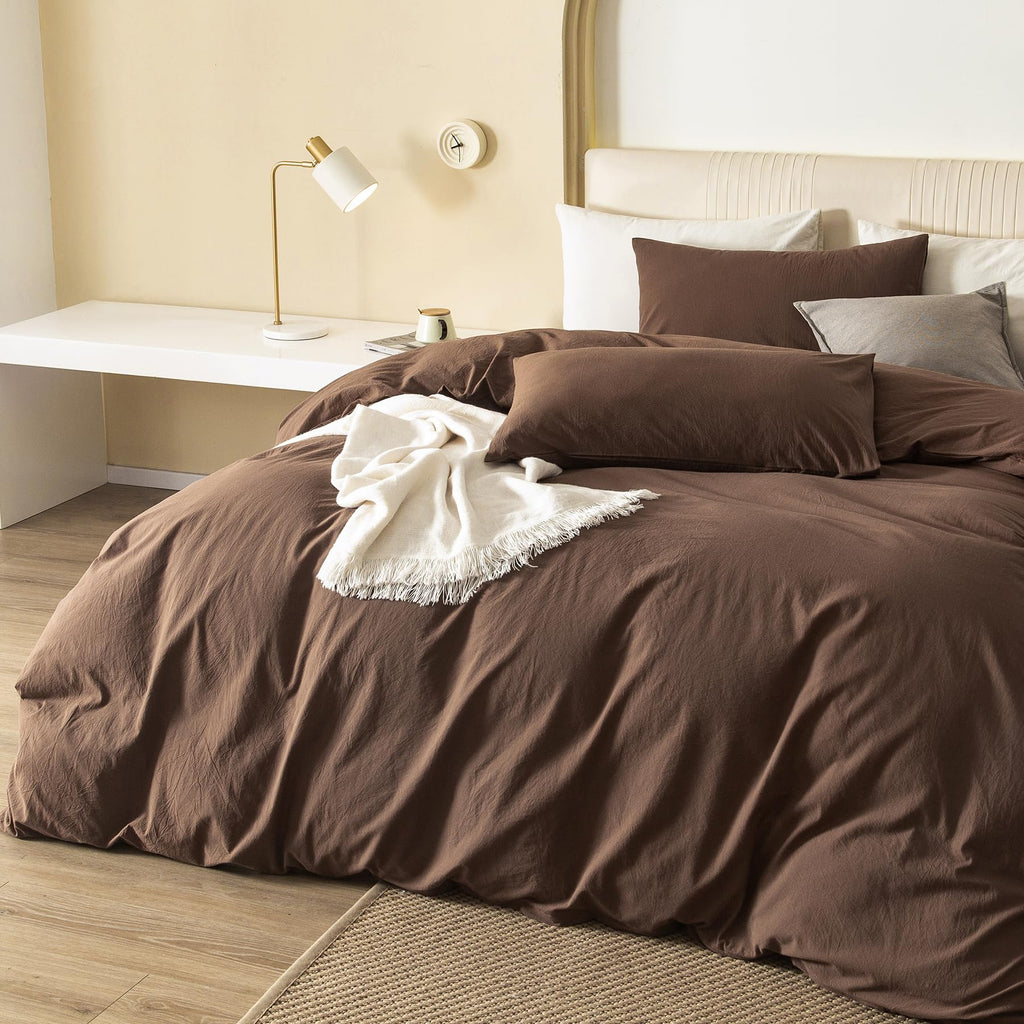 Jiyuan 100% Washed Cotton Duvet Cover Set Comfy Simple Style Soft Breathable Textured Durable Linen Feel Bedding For All Seasons