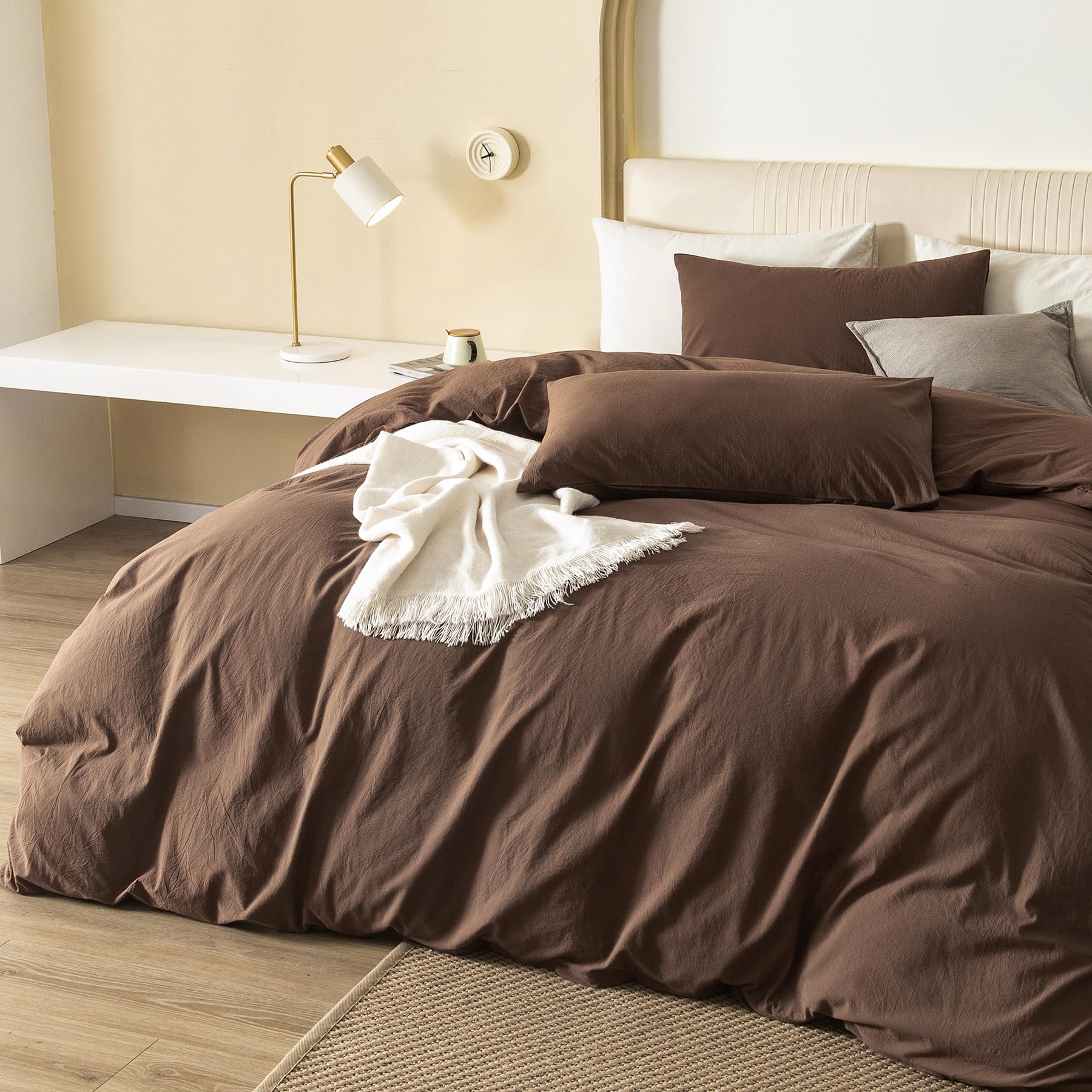 Jiyuan 100% Washed Cotton Duvet Cover Set Comfy Simple Style Soft Breathable Textured Durable Linen Feel Bedding For All Seasons